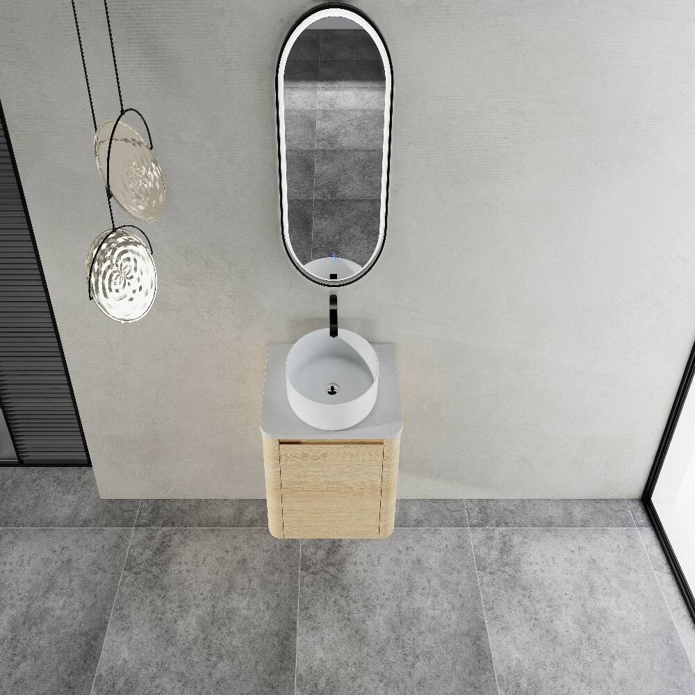 Alt View 3. Loheer - Loheer 24 inch wall mounted bathroom vanity with ceramic art sink soft close door plywood bathroom vanity - American White Oak.
