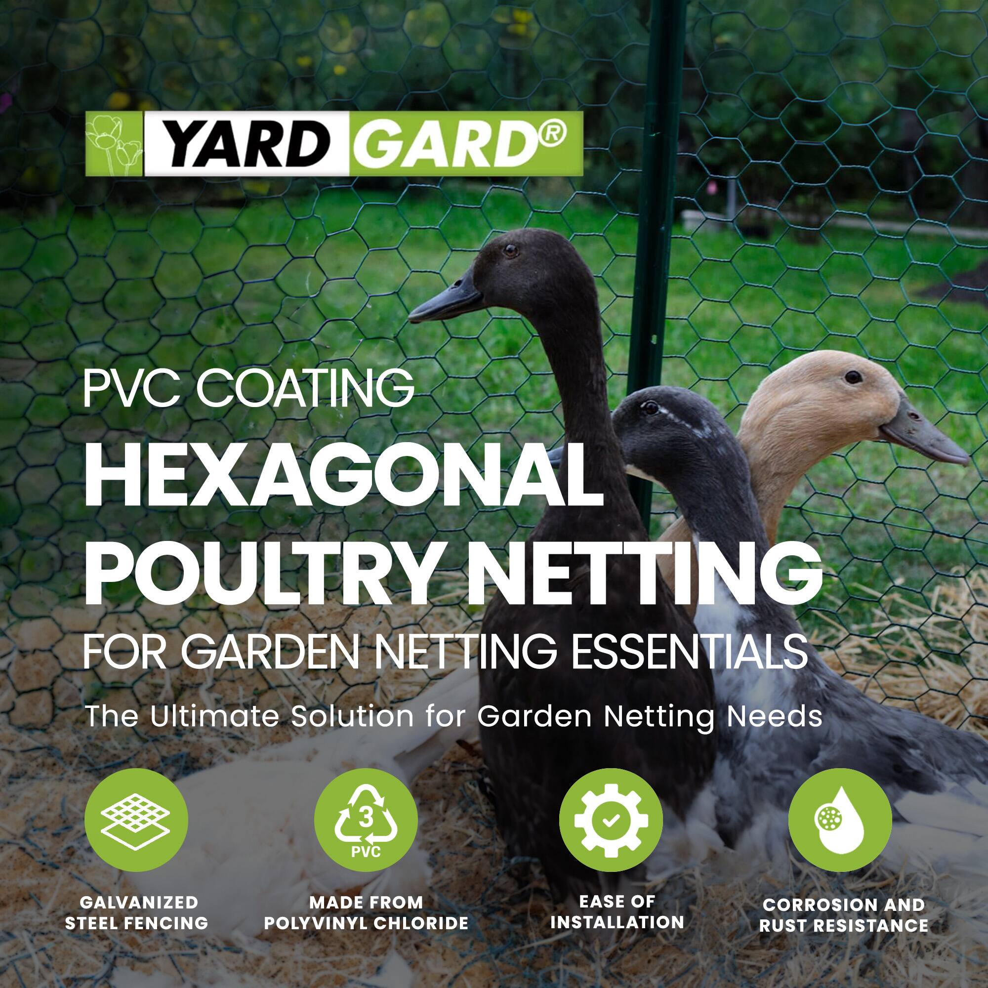 YARD GARD®

PVC COATING HEXAGONAL POULTRY NETTING FOR GARDEN NETTING ESSENTIALS

The Ultimate Solution for Garden Netting Needs

- GALVANIZED STEEL FENCING
- MADE FROM POLYVINYL CHLORIDE
- EASE OF INSTALLATION
- CORROSION AND RUST RESISTANCE