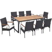 Costway 9 Pieces  Patio Rattan Dining Set with Acacia Wood Table, 1.9" Umbrella Hole - Mix Brown + Off White - Front_Zoom