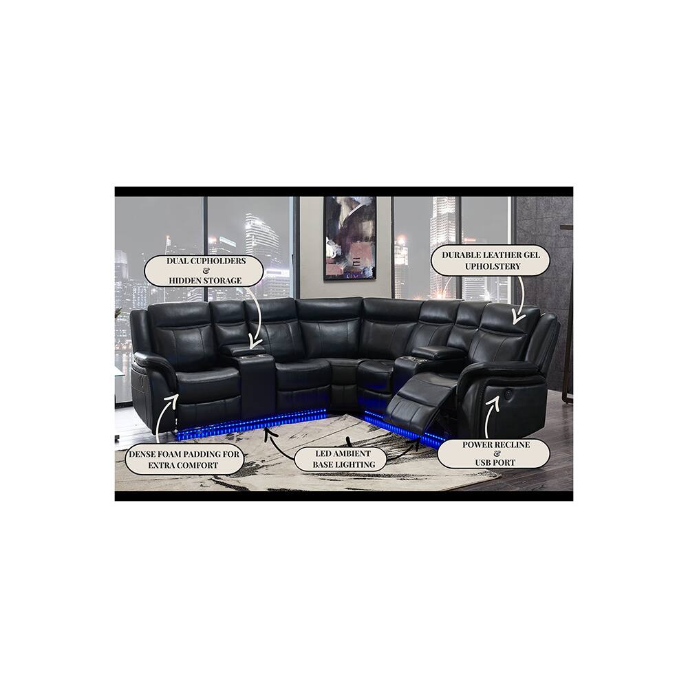 DUAL CUPHOLDERS & HIDDEN STORAGE  
DURABLE LEATHER GEL UPHOLSTERY  
DENSE FOAM PADDING FOR EXTRA COMFORT  
LED AMBIENT BASE LIGHTING  
POWER RECLINE & USB PORT