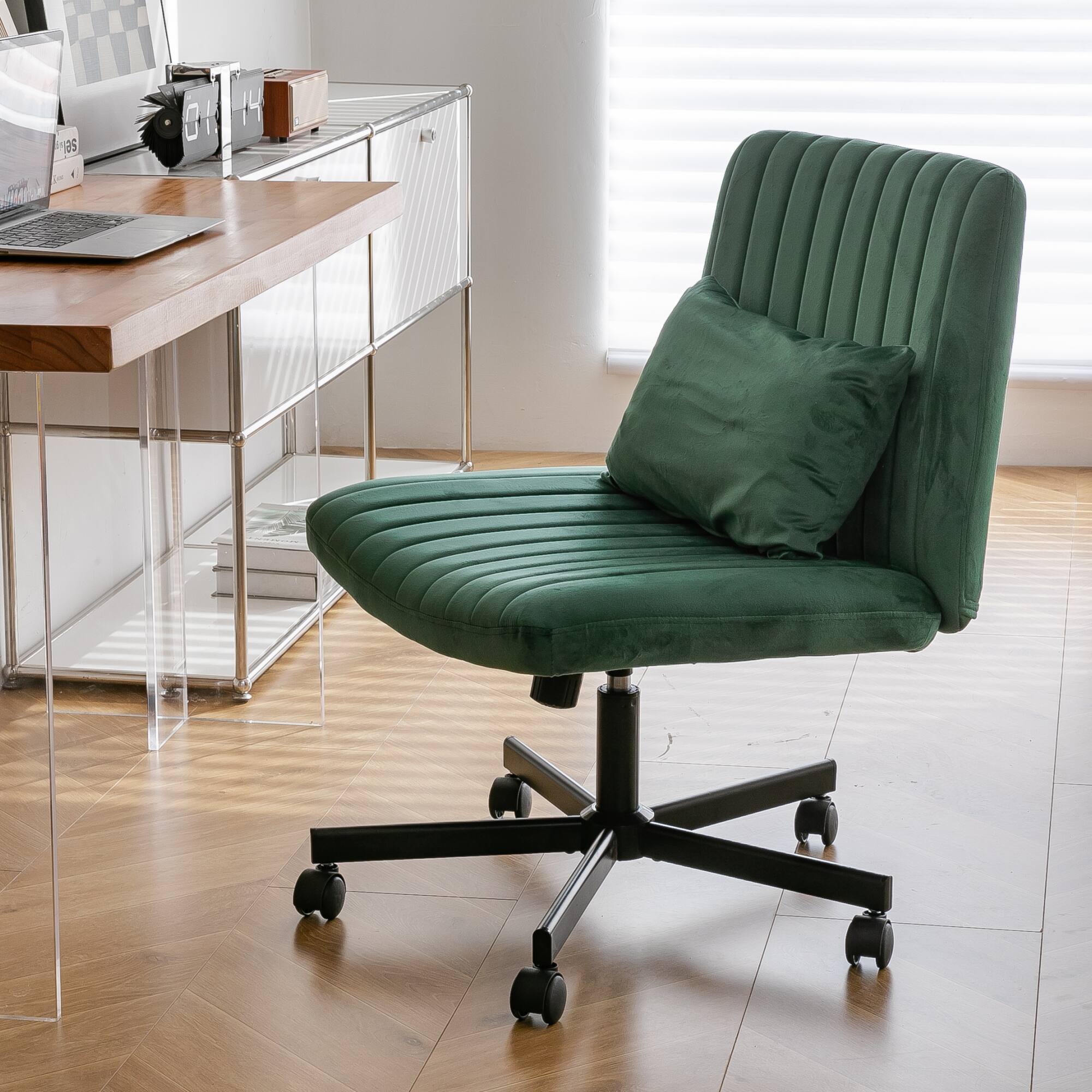 Alt View 5. GOODSILO - Linen Upholstered Ergonomic Office Chair with Adjustable Height and Tilt Mechanism for Home Workspaces - Green.