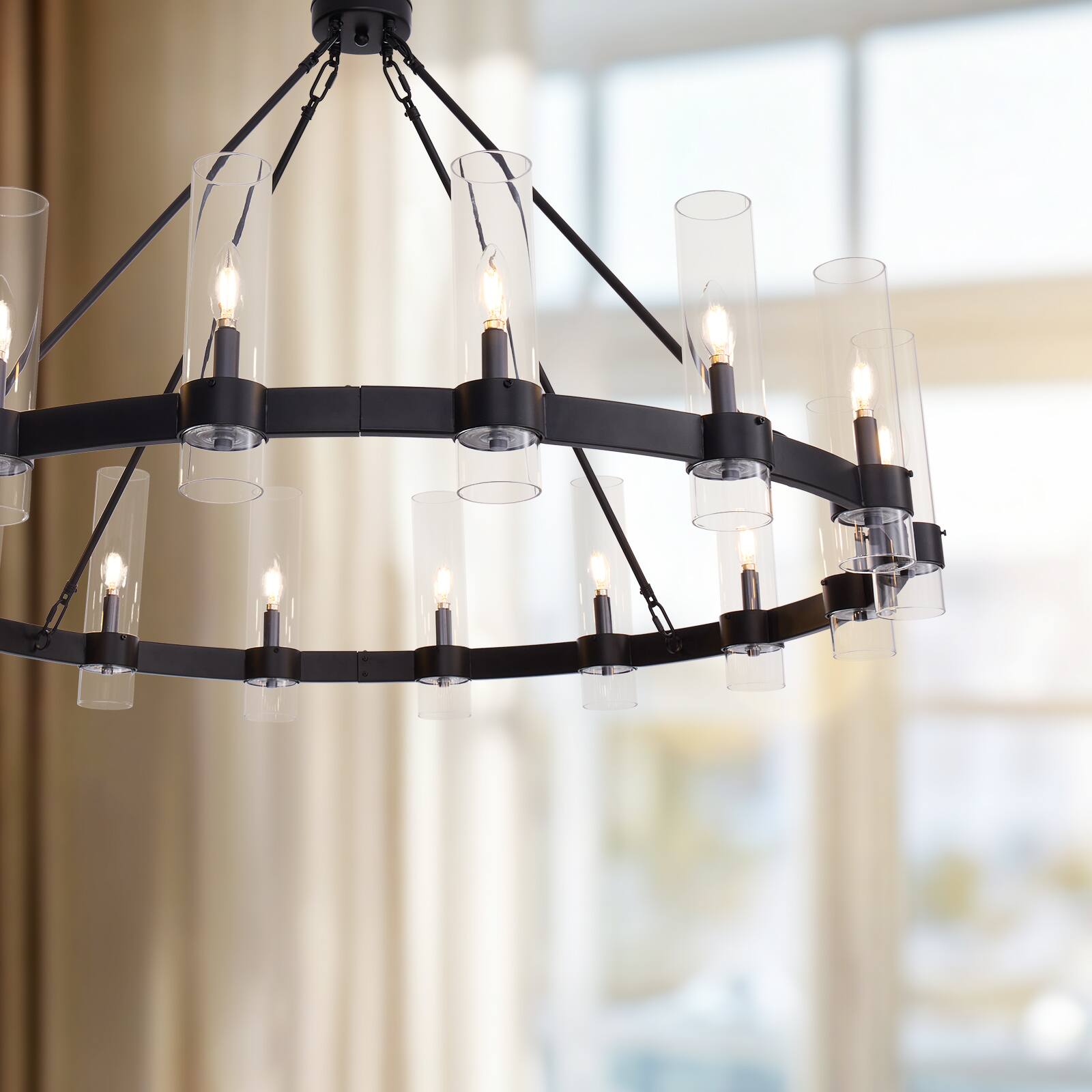 Alt View 4. Siljoy - 48 Inch 16 Light Black Wrought Iron Wagon Wheel Chandelier Clear Cylinder Candle Pendant Light for Dining Room Island - Black.