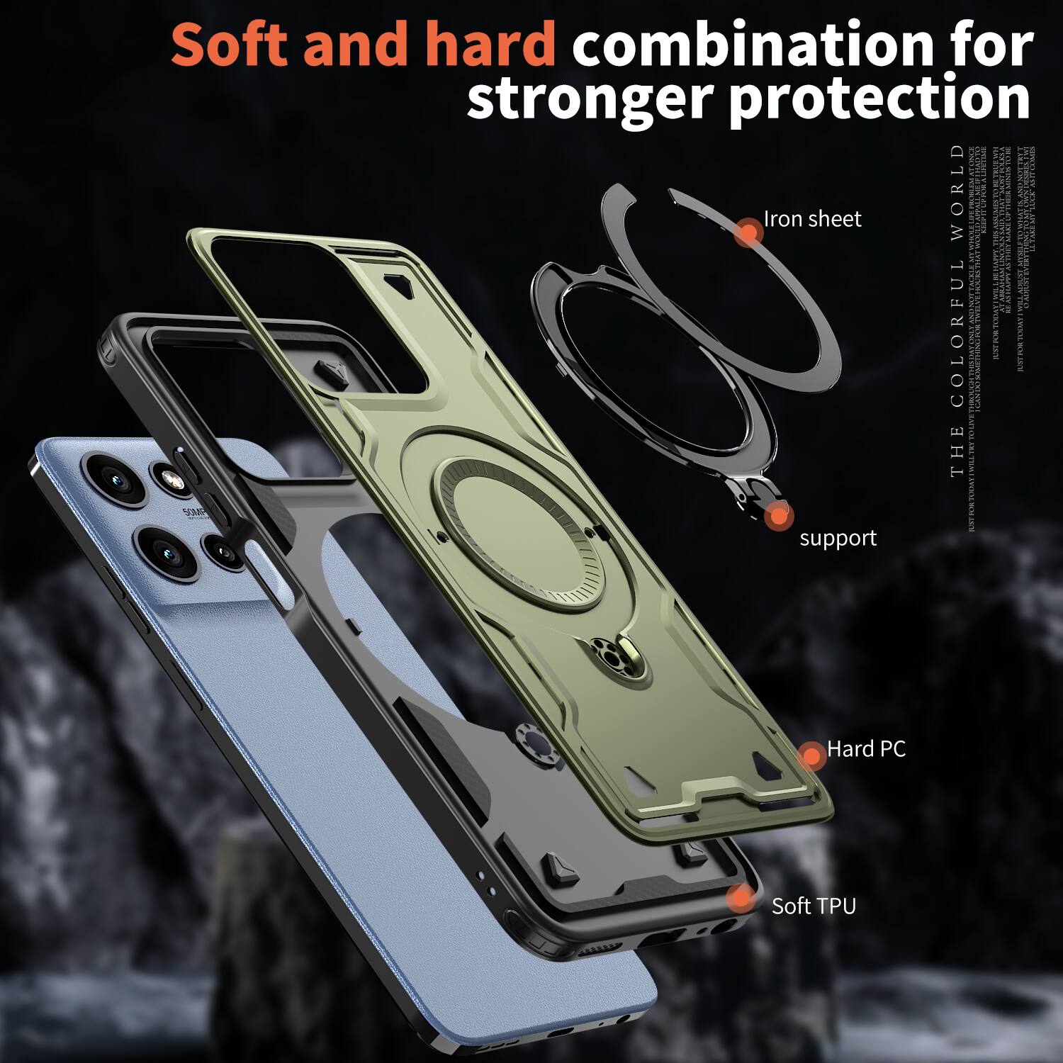 Soft and hard combination for stronger protection

Iron sheet

Support

Hard PC

Soft TPU
