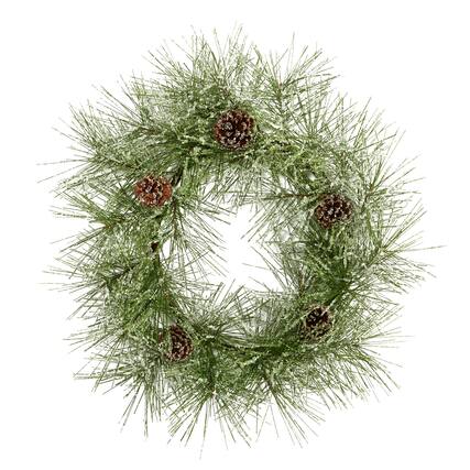Front. BreeBe - 24" Iced Pine Artificial Wreath with Pine Cones - Green.