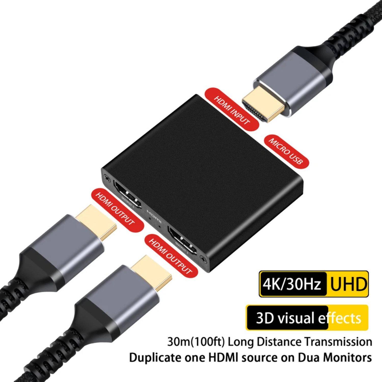 HDMI INPUT
MICRO USB
HDMI OUTPUT
HDMI OUTPUT
4K/30Hz UHD
3D visual effects
30m (100ft) Long Distance Transmission
Duplicate one HDMI source on Dual Monitors