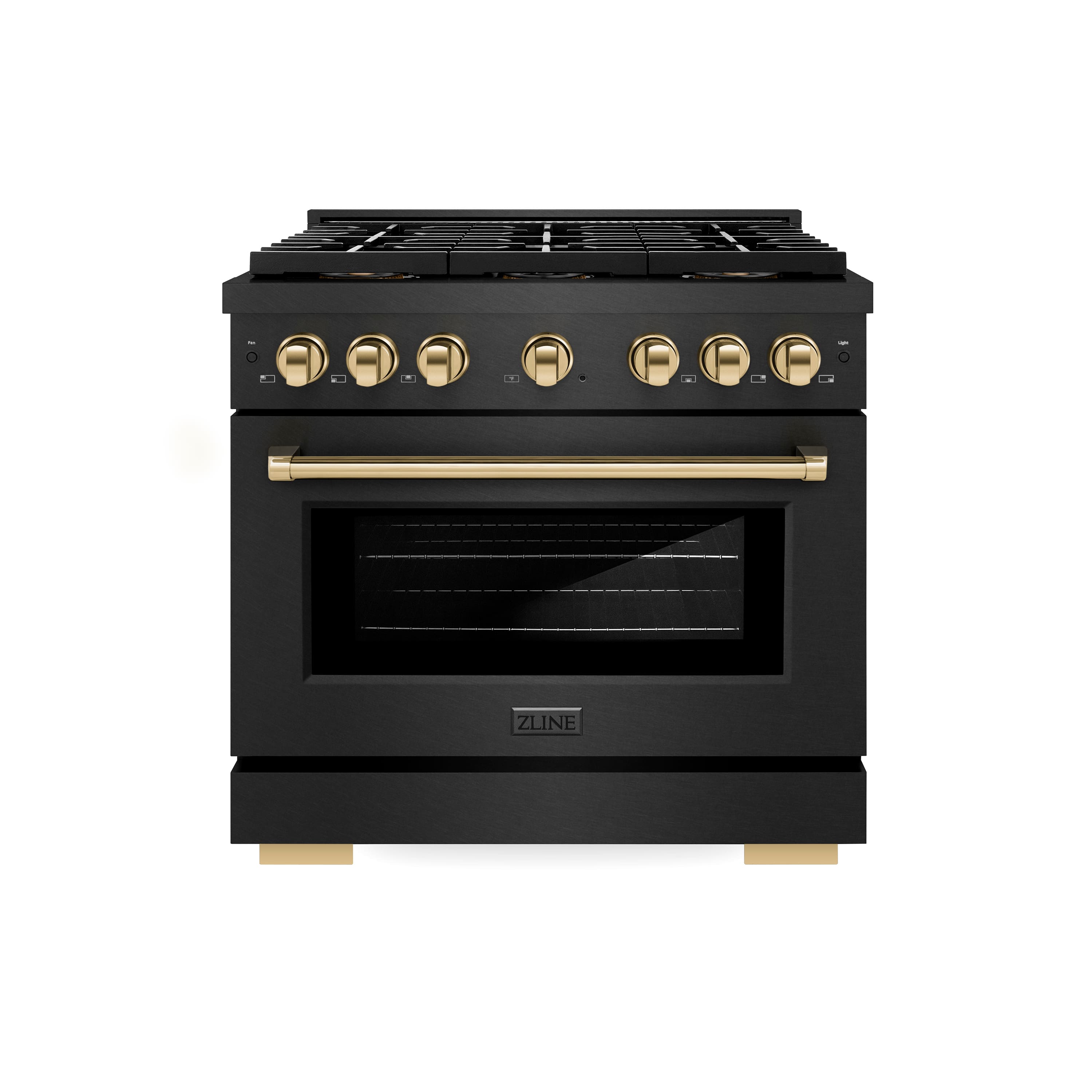 Front. ZLINE - ZLINE Autograph 36 in. 5.2 cu. ft. Freestanding Paramount DuoPro Dual Fuel Range in Black Satin Steel and Gold Accents - Black Satin Stainless Steel.