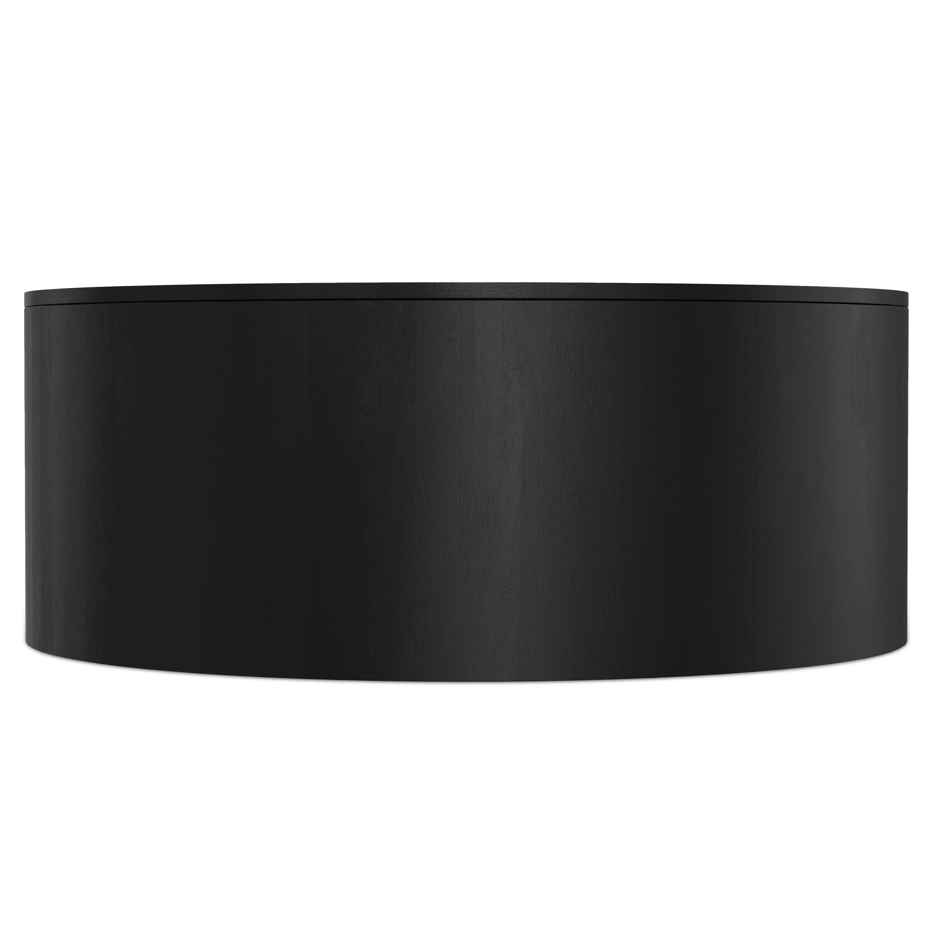 Left. Simpli Home - Millbury SOLID MANGO WOOD 36 inch Wide Round Contemporary Drum Coffee Table in Black, Fully Assembled - Black.