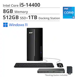 Acer - Aspire Desktop,Intel Core i5-14400,8GB RAM,512GB SSD+1TB Dock Station,Intel 730 UHD Graphics,Wi-Fi 6E,Win 11 - Black