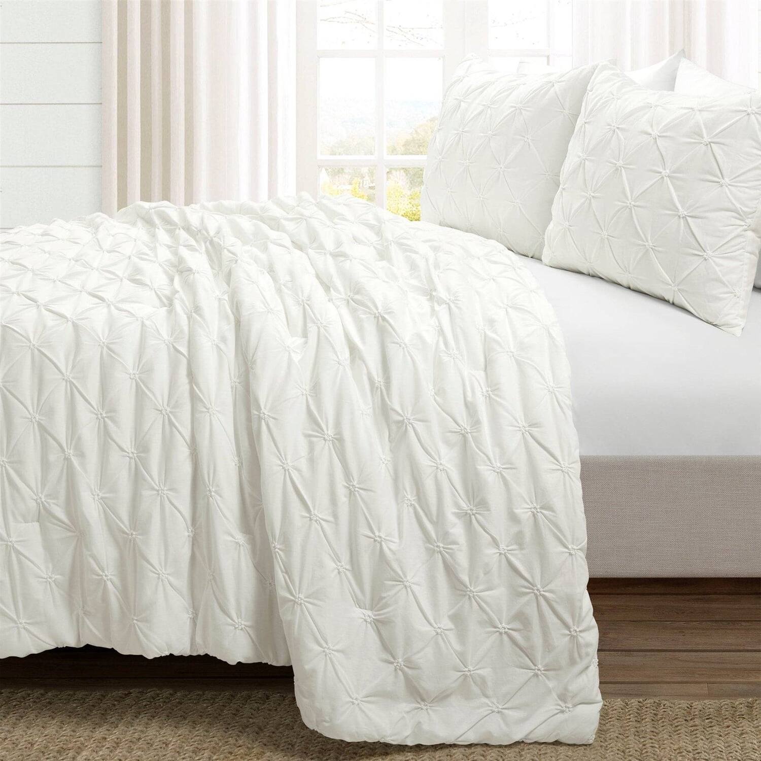 Angle. Hivvago - Full/Queen Soft Pleated Cotton 3 Piece Comforter Set White - White.