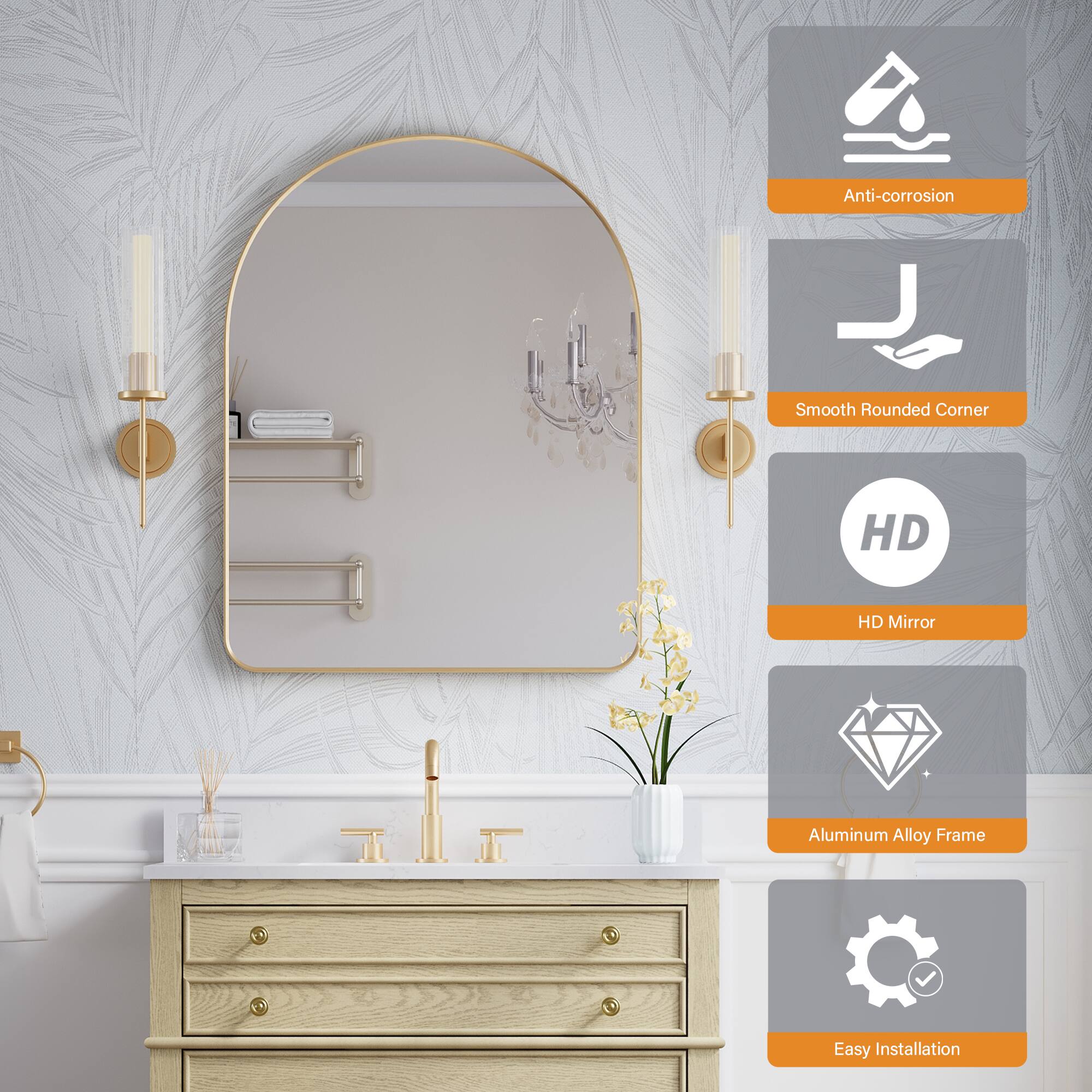 Anti-corrosion, Smooth Rounded Corner, HD Mirror, Aluminum Alloy Frame, Easy Installation