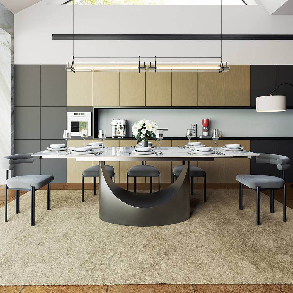 Left. POVISON - 71"-95"Extendable Modern White Dining Table for 6-10, Rectangular Glossy Sintered Stone Tabletop, Gray Carbon Steel Leg - Glossy White Sintered Stone with Gray.