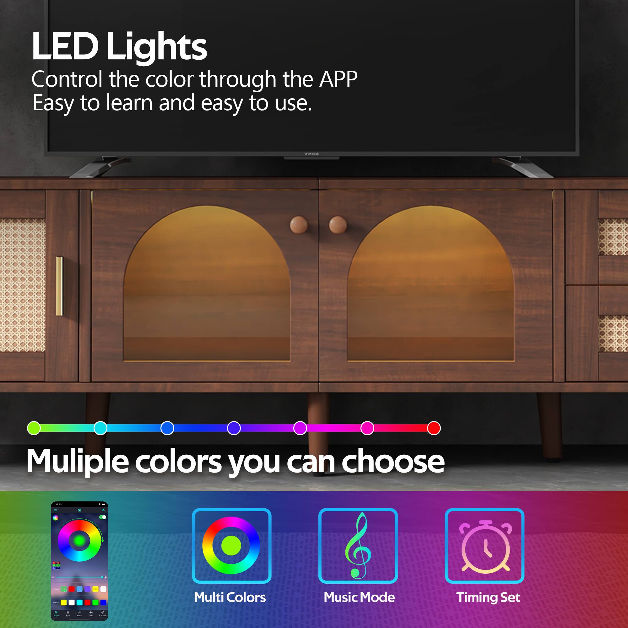 LED Lights  
Control the color through the APP  
Easy to learn and easy to use.  

Multiple colors you can choose:  
- Multi Colors  
- Music Mode  
- Timing Set