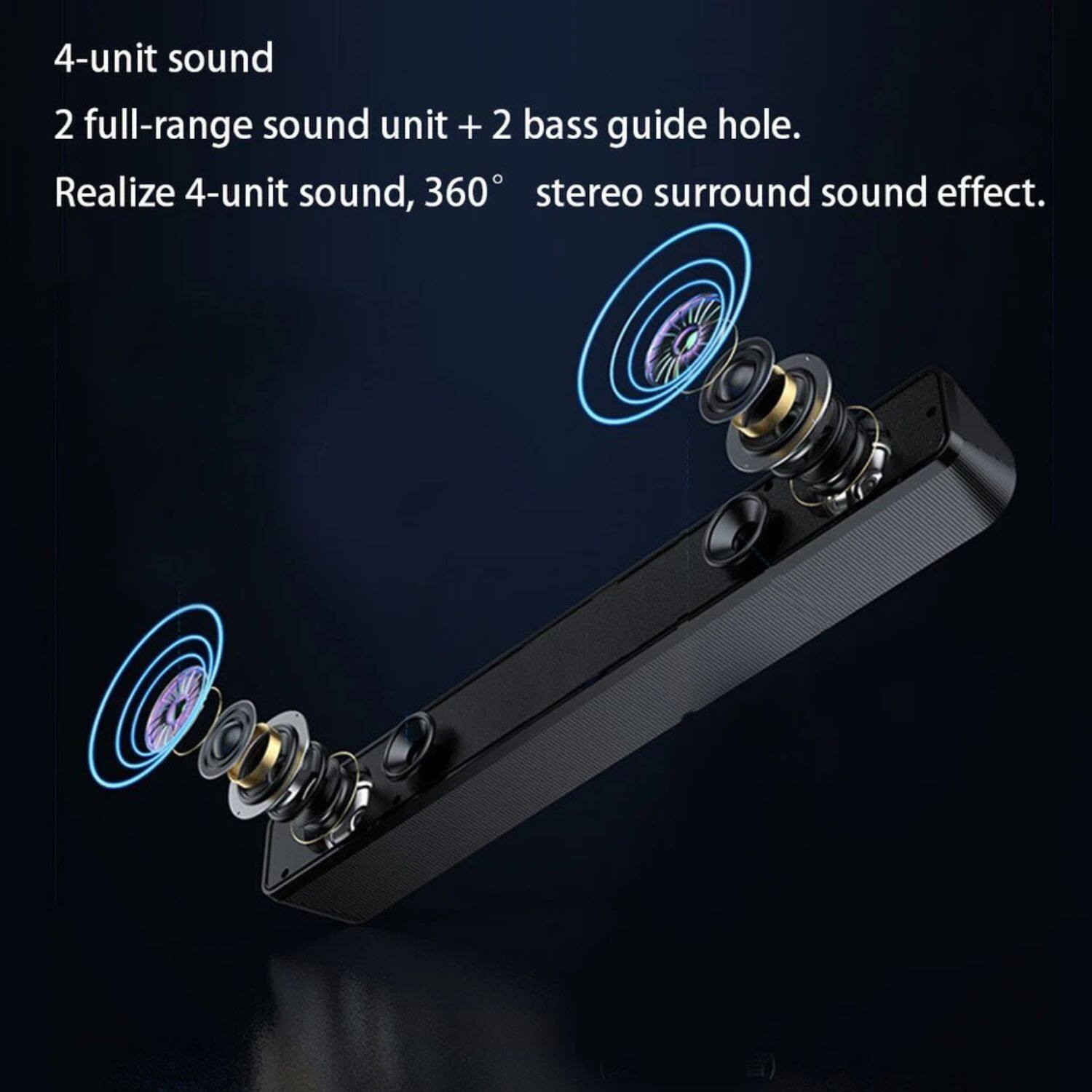 4-unit sound
2 full-range sound unit + 2 bass guide hole.
Realize 4-unit sound, 360° stereo surround sound effect.