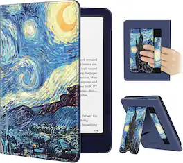 Fintie - Case for 7"/6.8" Kindle Paperwhite 12th/11th Gen & Kindle Colorsoft PU Leather Stand Cover Foldable Kickstand Hand Strap - Starry Night
