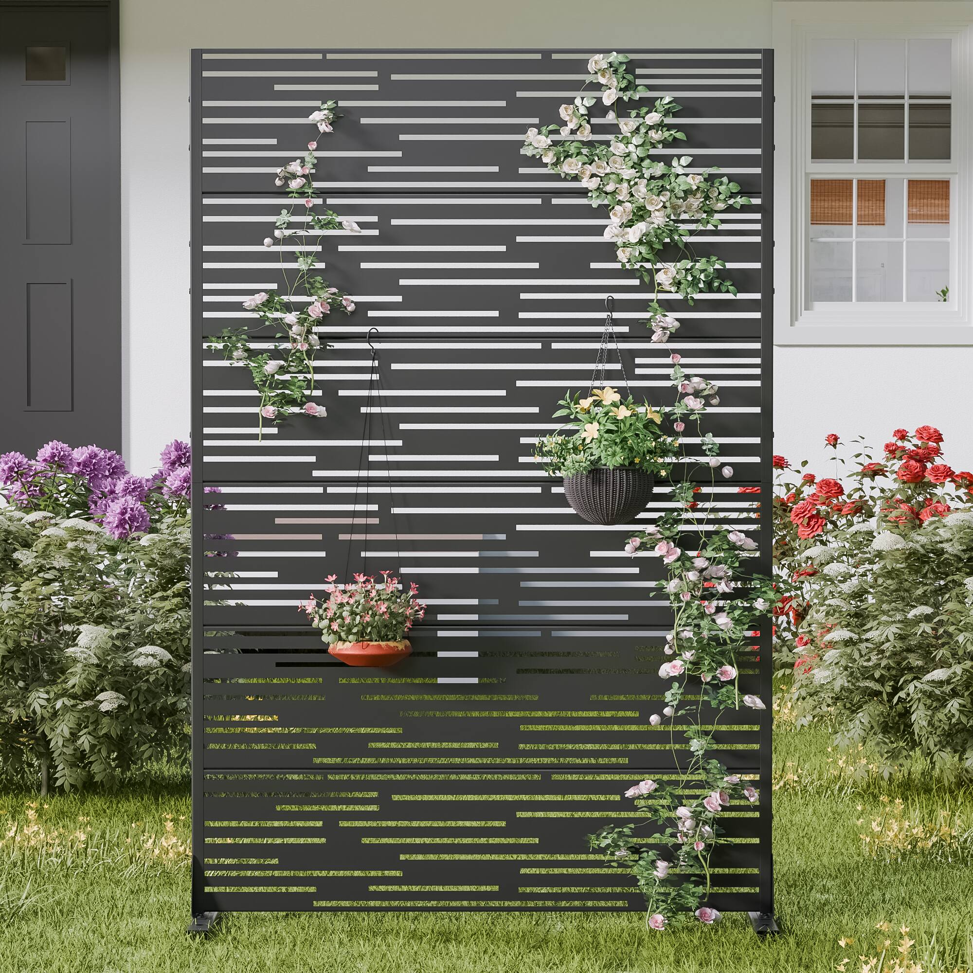 Alt View 1. PexFix - 72 in. x 47 in. Shine Pattern Metal Outdoor Privacy Screen & Panels, Freestanding Garden Divider Fence - Black.