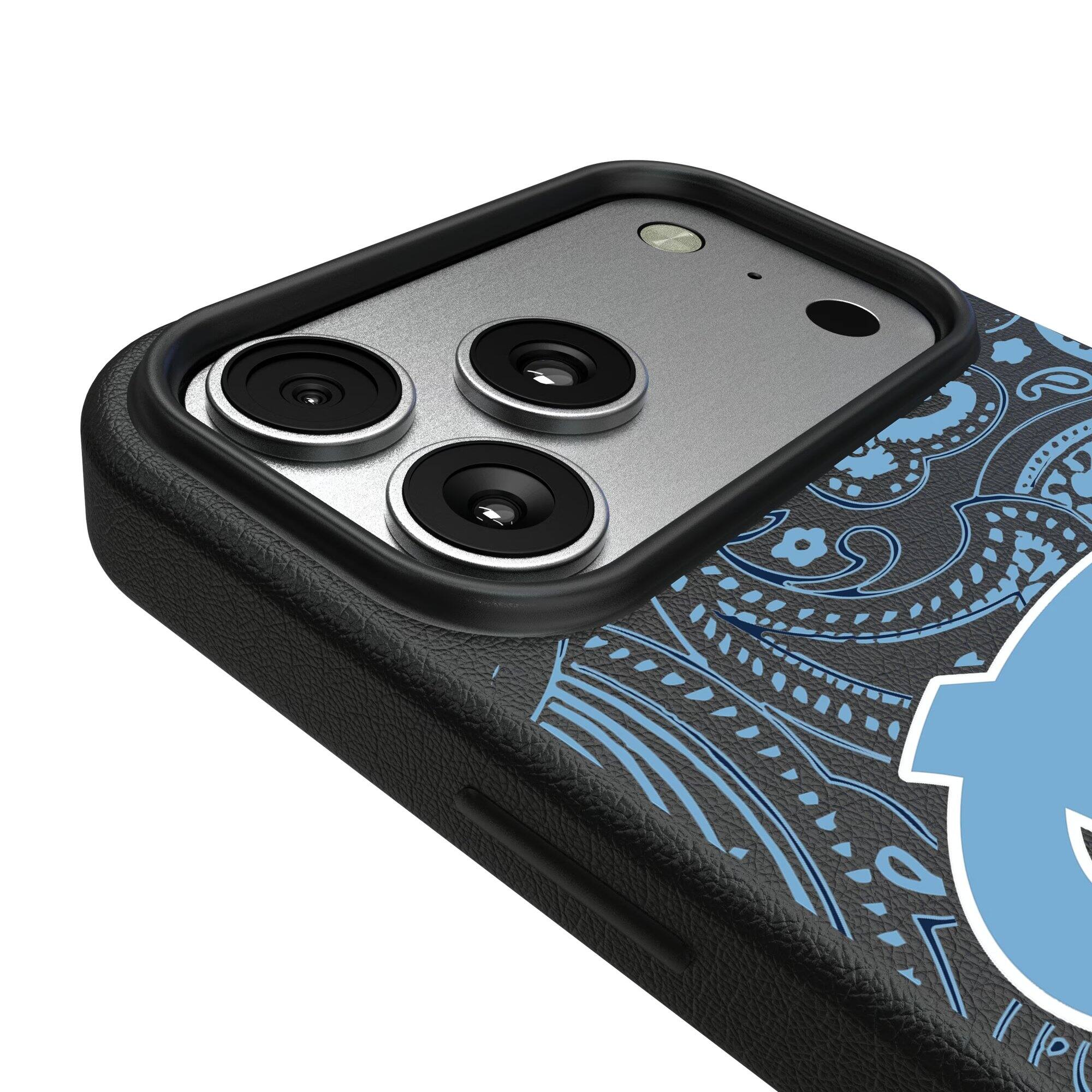 Alt View 2. Keyscaper - North Carolina Tar Heels Paisley iPhone Magnetic Bump Case - 16 Pro - Black.