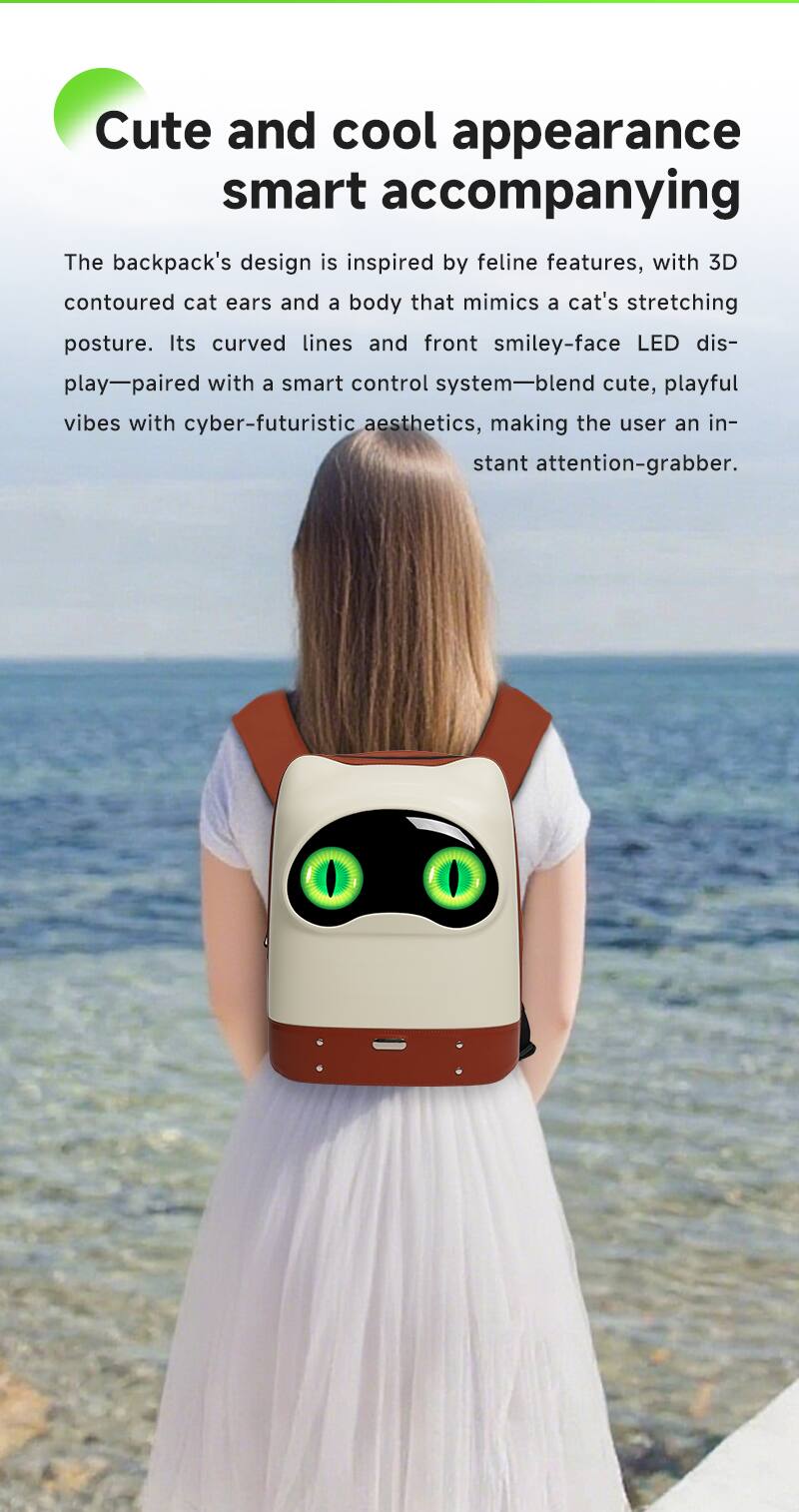 Cute and cool appearance smart accompanying

The backpack's design is inspired by feline features, with 3D contoured cat ears and a body that mimics a cat's stretching posture. Its curved lines and front smiley-face LED display—paired with a smart control system—blend cute, playful vibes with cyber-futuristic aesthetics, making the user an instant attention-grabber.