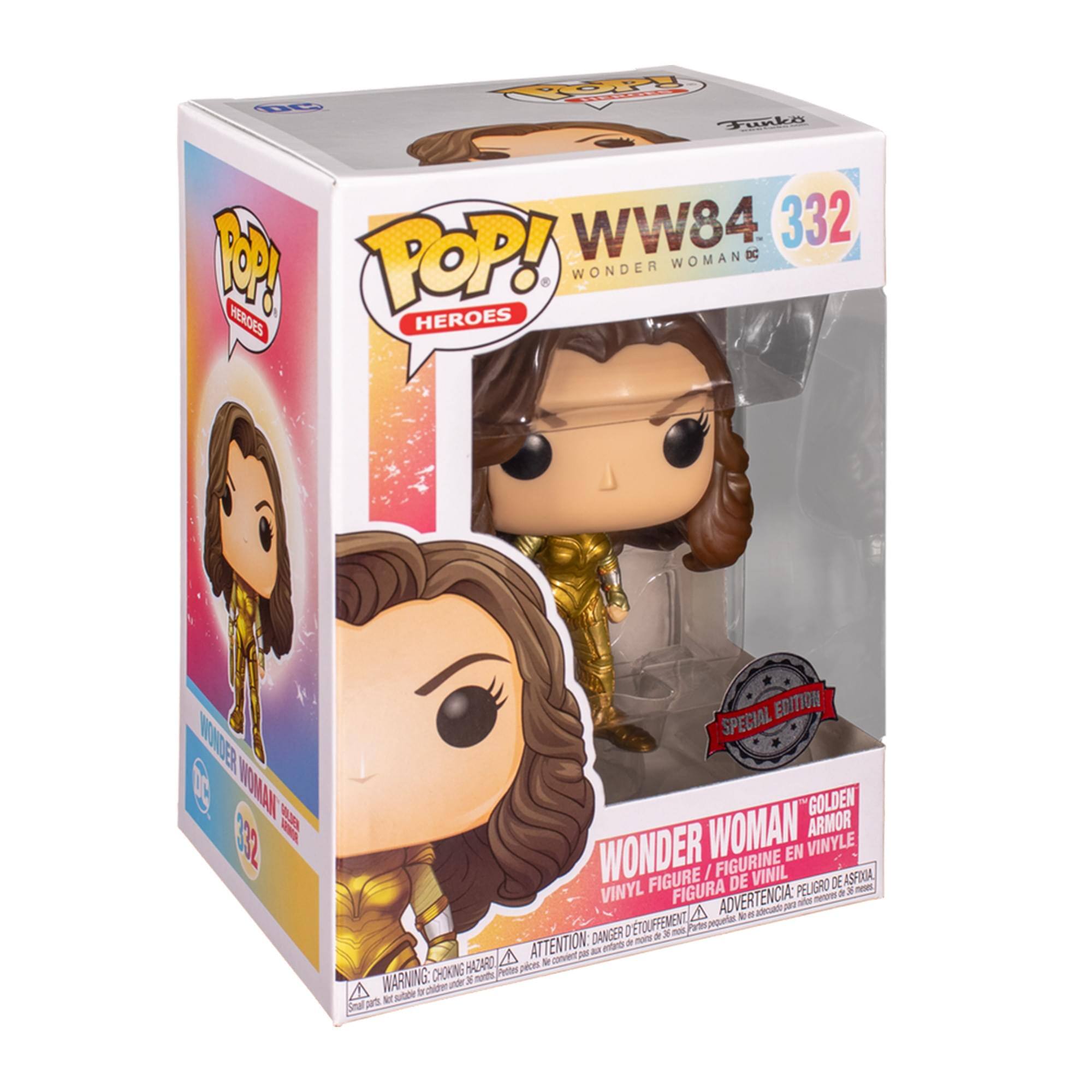 Sure, here is the corrected and grouped text from the image:

---

**Front:**
- POP! HEROES
- WW84 332
- WONDER WOMAN
- SPECIAL EDITION
- WONDER WOMAN GOLDEN ARMOR
- VINYL FIGURE / FIGURINE EN VINYLE / FIGURA DE VINIL / FIGURA DE VINIL

**Warnings:**
- WARNING: CHOKING HAZARD - Small parts. Not for children under 3 years.
- ATTENTION: DANGER D'ÉTOUFFEMENT - Petites pièces. Ne convient pas aux enfants de moins de 3 ans.
- ADVERTENCIA: PEQUEÑOS OBJETOS. NO ES APTO PARA MENORES DE 3 AÑOS.

**Side:**
- POP! HEROES
- WW84 332
- WONDER WOMAN
- DC

**Bottom:**
- WARNING: CHOKING HAZARD - Small parts. Not for children under 3 years.
- ATTENTION: DANGER D'ÉTOUFFEMENT - Petites pièces. Ne convient pas aux enfants de moins de 3 ans.
- ADVERTENCIA: PE