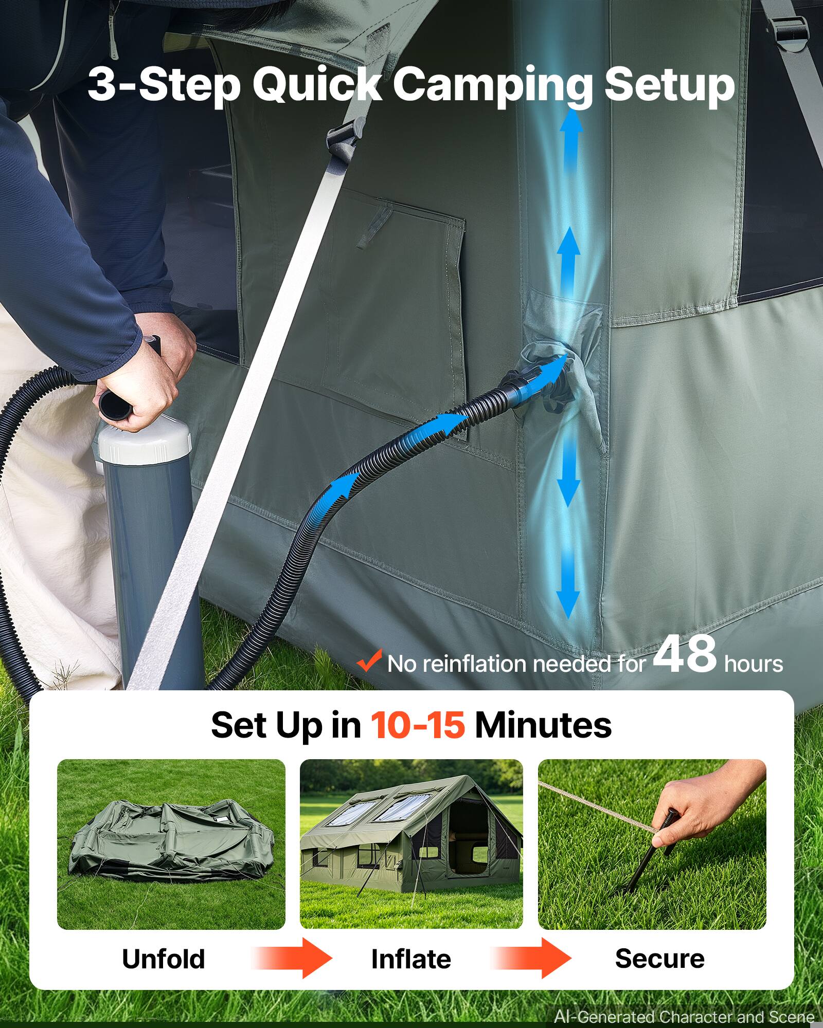 3-Step Quick Camping Setup

No reinflation needed for 48 hours

Set Up in 10-15 Minutes

Unfold
Inflate
Secure

AI-Generated Character and Scene