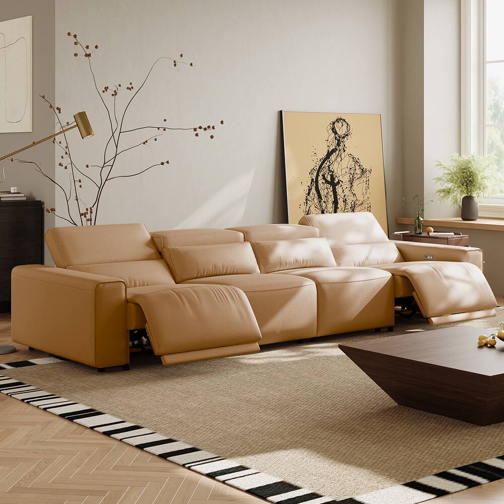 Angle. POVISON - 138.82" Power Modular Couch Electric Recliner Sofa, 2 Extendable Recliners, USB Charging Port, Khaki - Khaki Sustainable Leather.