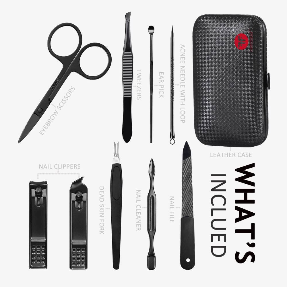 EYEBROW SCISSORS  
TWEezers  
EAR PICK  
ACNE NEEDLE WITH LOOP  
NAIL CLIPPERS  
DEAD SKIN FORK  
NAIL CLEANER  
NAIL FILE  
LEATHER CASE  

WHAT'S INCLUDED