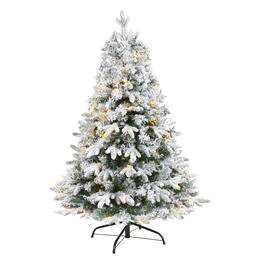 BreeBe - 4' Flocked Vermont Pine Christmas Tree w/100 LED 450 Tips - White, Green