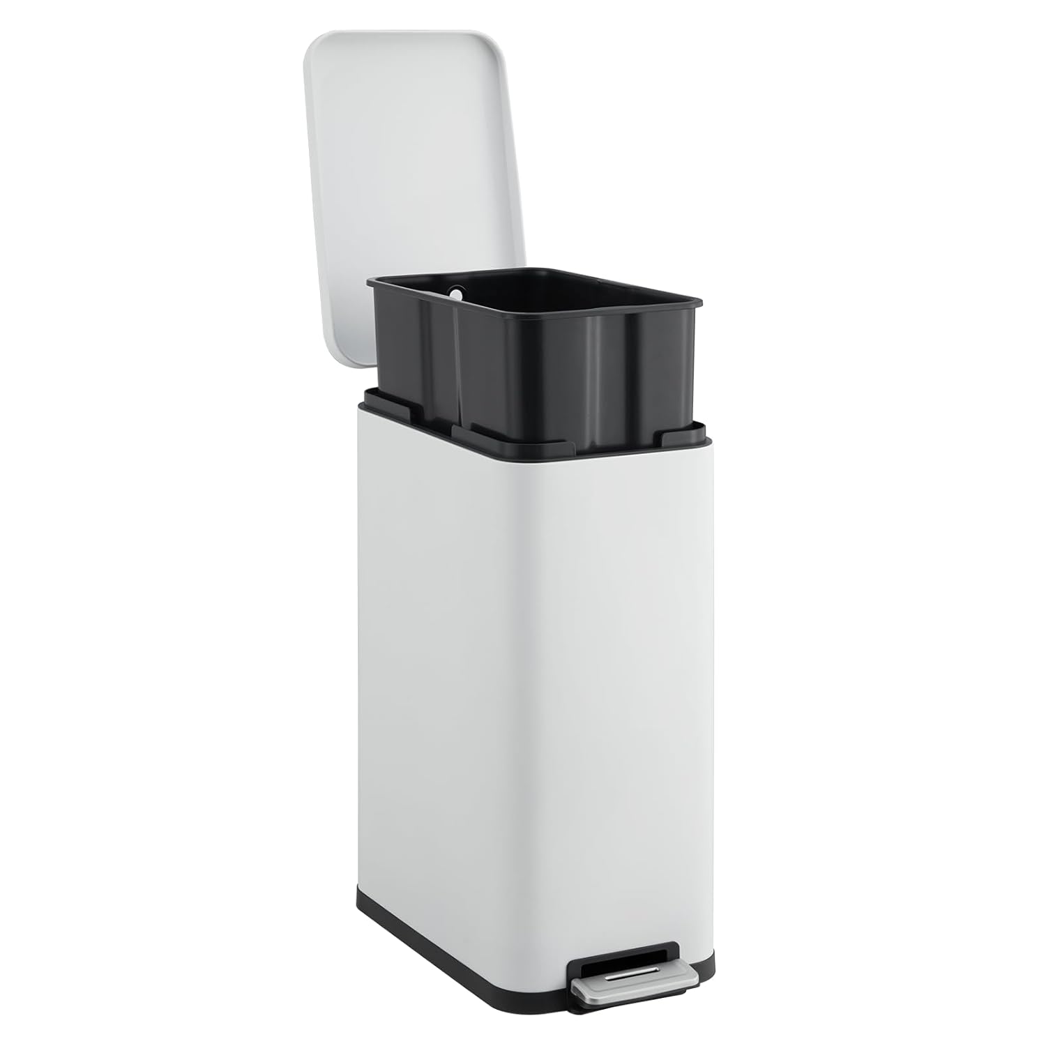 Angle. Acekool - 13.2 Gallon Slim Stainless Steel Trash Can with Step Pedal, Soft-Close Lid & Removable Inner Bucket - White.