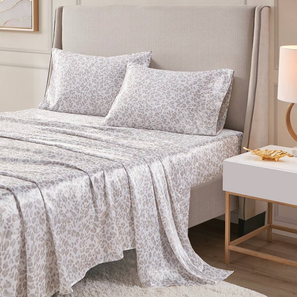 Alt View 1. Gracie Mills - Gracie Mills Emeline Animal Printed Wrinkle Free Satin Sheet Set - Taupe Leopard.