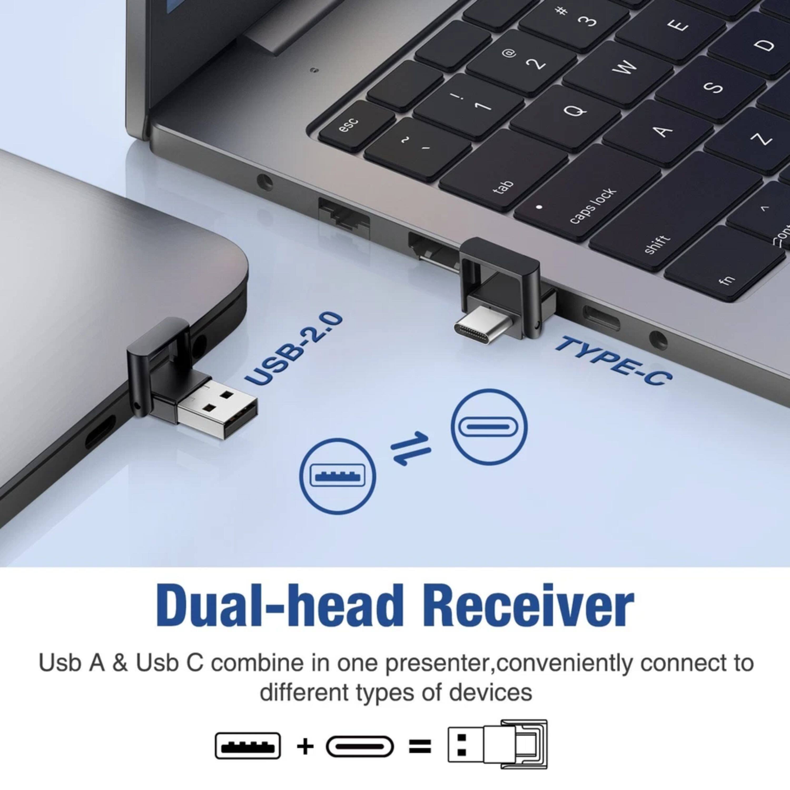 of esc 2 / # 3 E  2 W - S 1 Q A D ~ USB-2.0 tab lock caps shift fn TYPE- E 20m Dual-head Receiver Usb A & Usb C combine in one presenter, conveniently connect to different types of devices