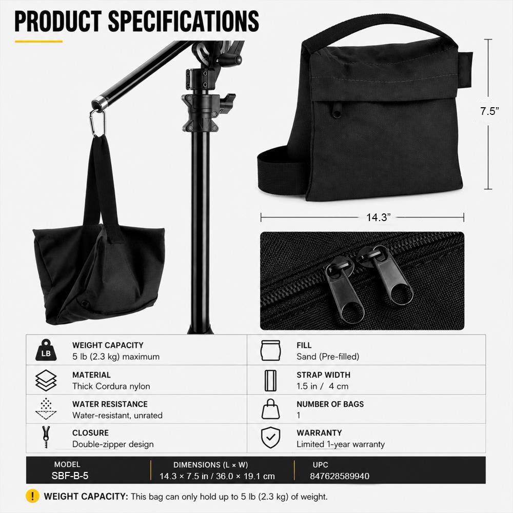 PRODUCT SPECIFICATIONS

- WEIGHT CAPACITY: 5 lb (2.3 kg) maximum
- FILL: Sand (Pre-filled)
- MATERIAL: Thick Cordura nylon
- STRAP WIDTH: 1.5 in / 4 cm
- WATER RESISTANCE: Water-resistant, unrated
- CLOSURE: Double-zipper design
- NUMBER OF BAGS: 1
- WARRANTY: Limited 1-year warranty
- MODEL: SBF-B-5
- DIMENSIONS (L x W): 14.3 x 7.5 in / 36.0 x 19.1 cm
- UPC: 847628589940

! WEIGHT CAPACITY: This bag can only hold up to 5 lb (2.3 kg) of weight.