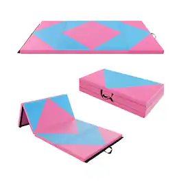 Pefilos - 8 Feet PU Leather Folding Gymnastics Mat with Hook and Loop Fasteners-Pink & Folding Thick Exercise with Carrying - Blue