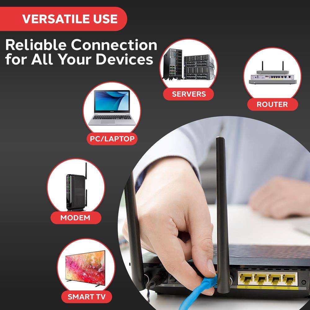 VERSATILE USE  
Reliable Connection for All Your Devices  

- SERVERS  
- ROUTER  
- PC/LAPTOP  
- MODEM  
- SMART TV
