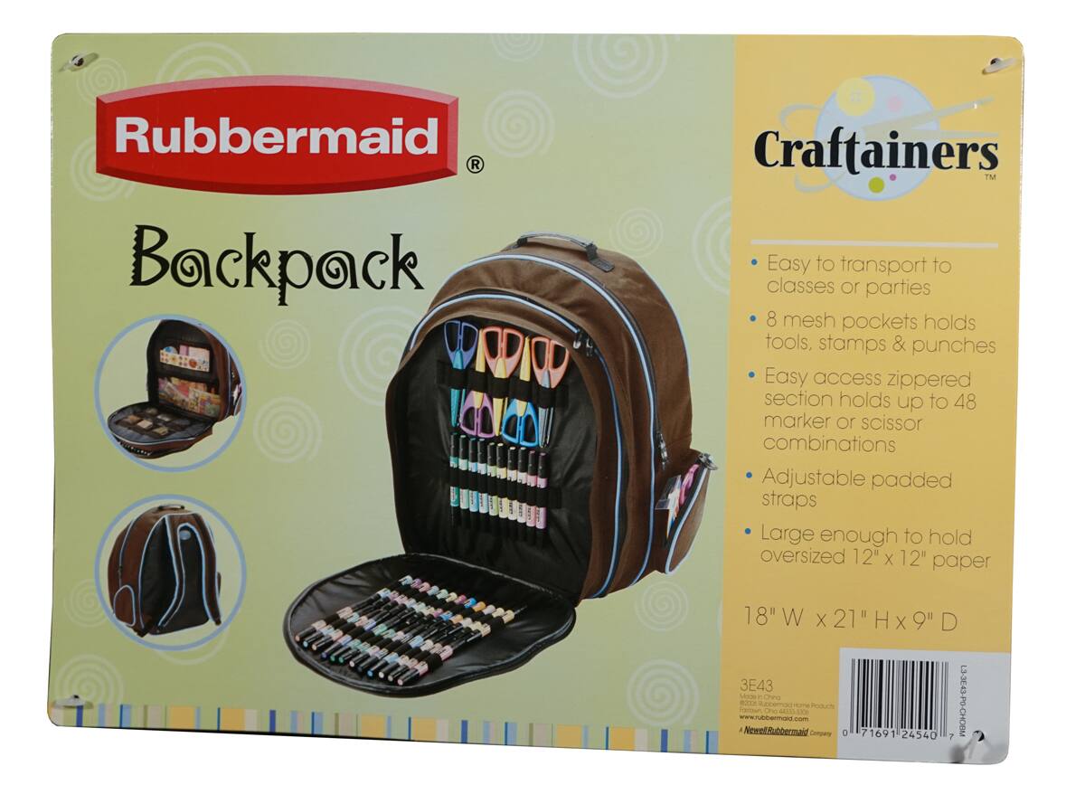 Rubbermaid  
Backpack  

Craftainers™  

Easy to transport to classes or parties  
8 mesh pockets holds tools, stamps & punches  
Easy access zippered section holds up to 48 marker or scissor combinations  
Adjustable padded straps  
Large enough to hold oversized 12" X 12" paper  

18" W X 21" H X 9" D  

3E43  
Made in China  
Tarioun ROA  
www.rubbermaid.com  
Newell Rubbermaid Company Products  

0 71691 24540 7