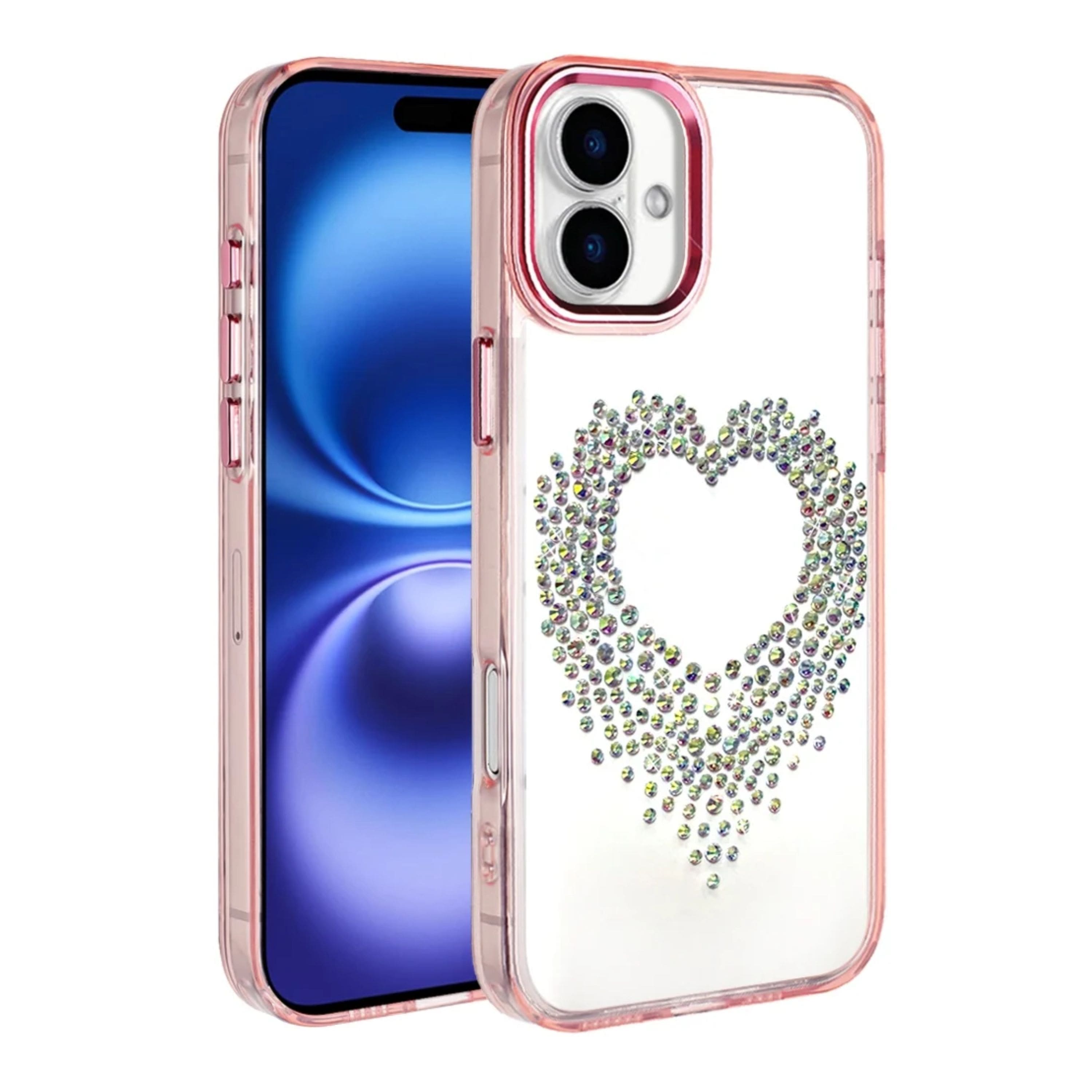 Kitcheniva - Heart Shaped Rhinestones Chrome Edges Phone Case With Tempered Glass For iPhone 17 - Rose Gold price history on PriceWatchPro