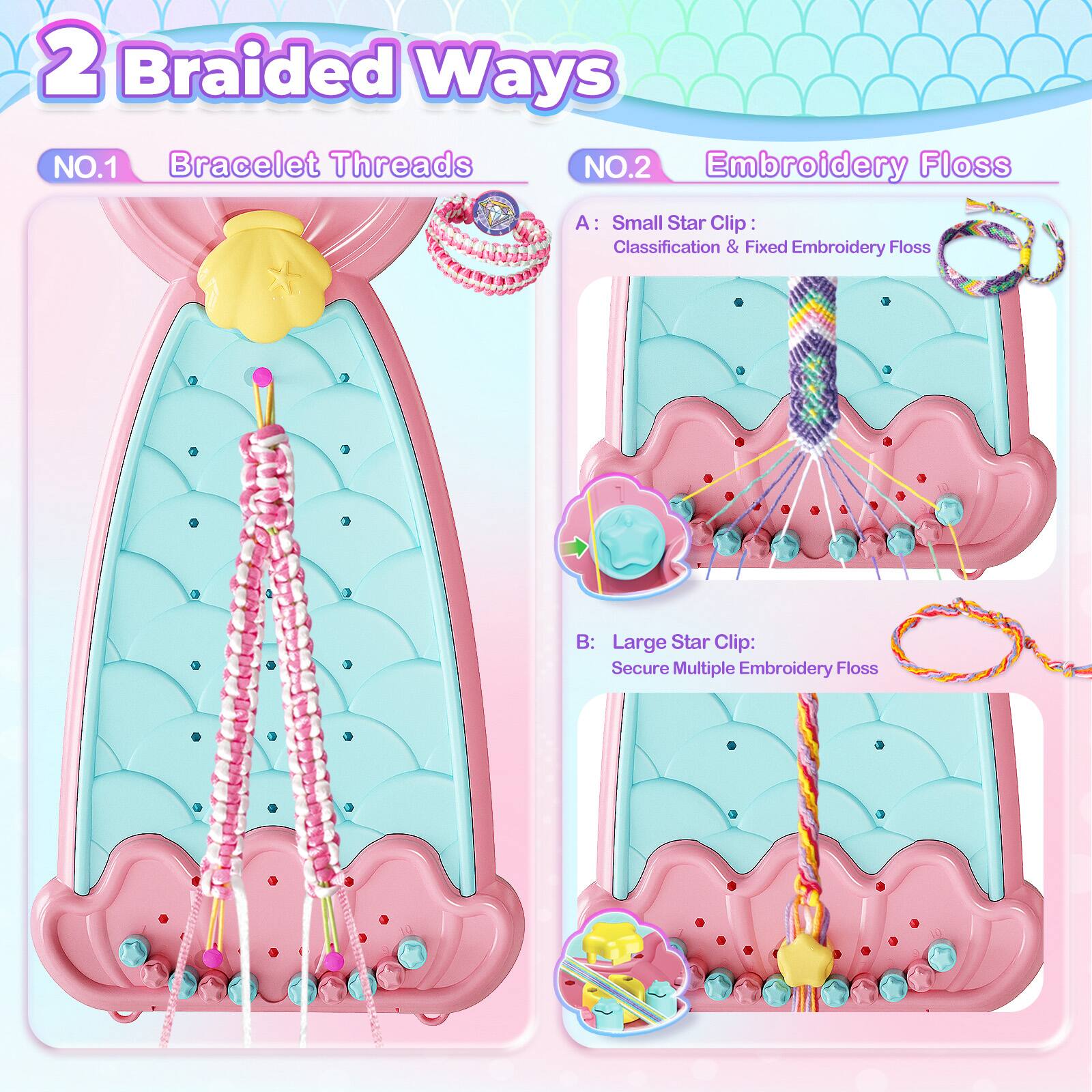 2 Braided Ways

NO.1 Bracelet Threads

NO.2 Embroidery Floss

A: Small Star Clip: Classification & Fixed Embroidery Floss

B: Large Star Clip: Secure Multiple Embroidery Floss