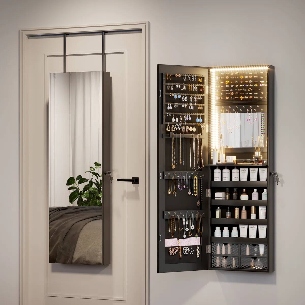 Alt View 5. Malletson - 47" x 14.5" Mirrored Jewelry Cabinet with 3-Color LED Lights, Wall/Door Mount Lockable Jewelry Storage Armoire - Black - Black.