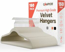 Campior - Velvet Hangers – 150-Pack, 360° Swivel Hook, Non-Slip, Space-Saving, Holds 11 lbs, Smooth Finish - Ivory