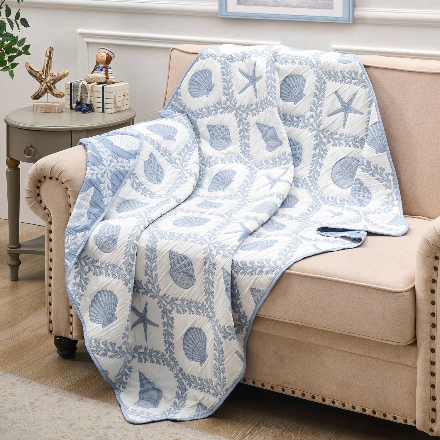 Angle. Greenland Home Fashions - Greenland Home Fashion Laguna 100% Polyester Reversible Accessory Throw Blanket 50" x 60" Chambray - Chambray.