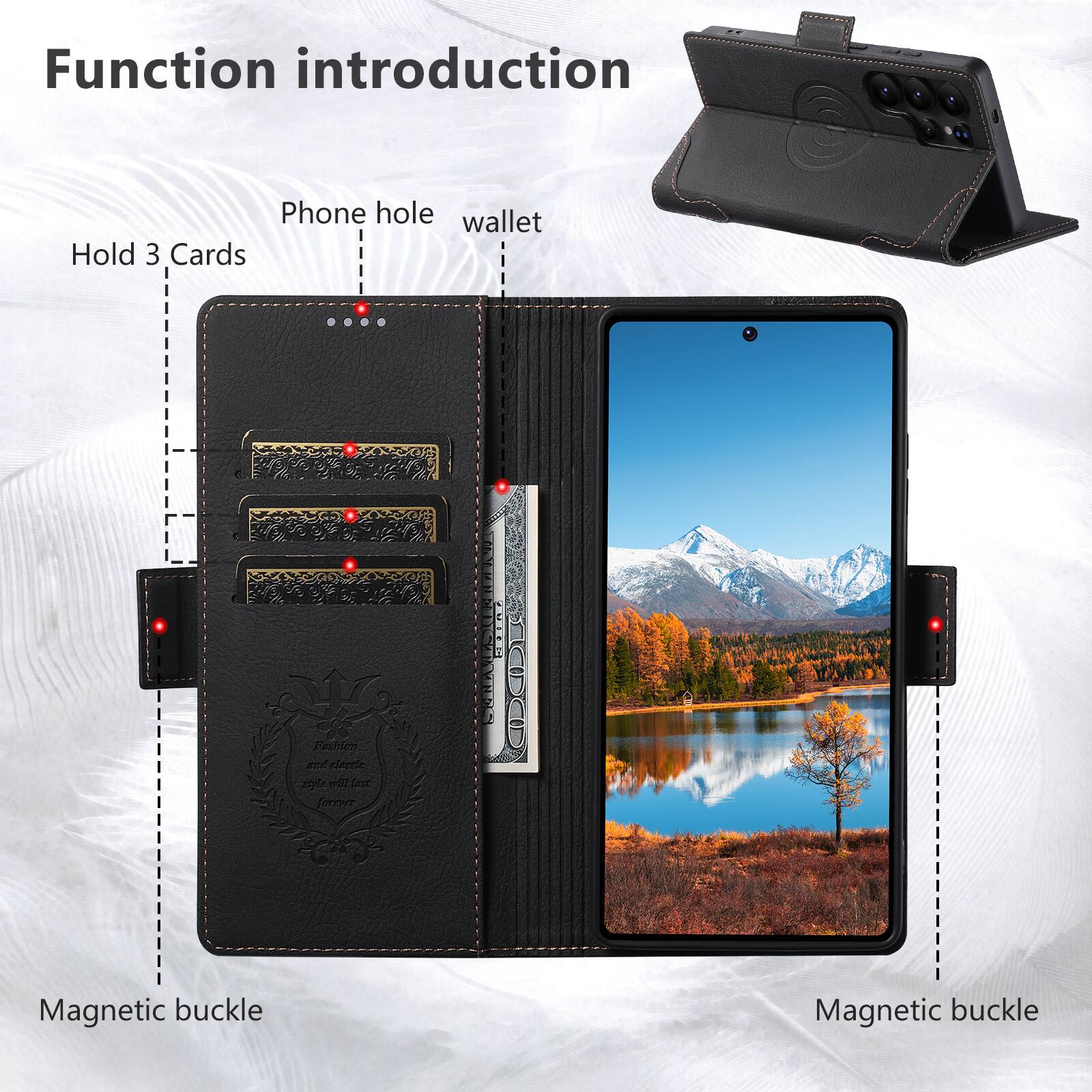 Function introduction

- Phone hole
- Wallet
- Hold 3 Cards
- Magnetic buckle
- Magnetic buckle