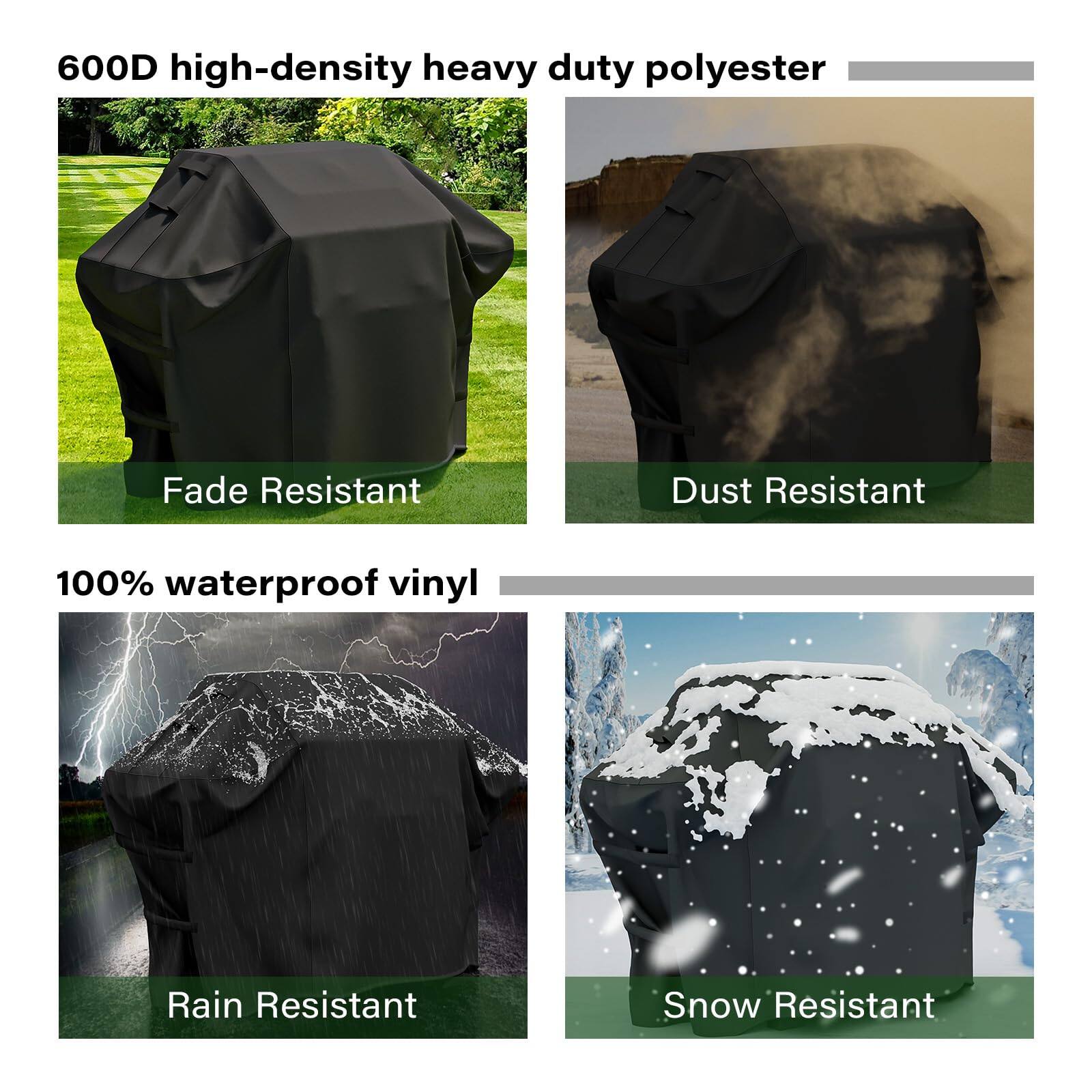 600D high-density heavy duty polyester

Fade Resistant

Dust Resistant

100% waterproof vinyl

Rain Resistant

Snow Resistant