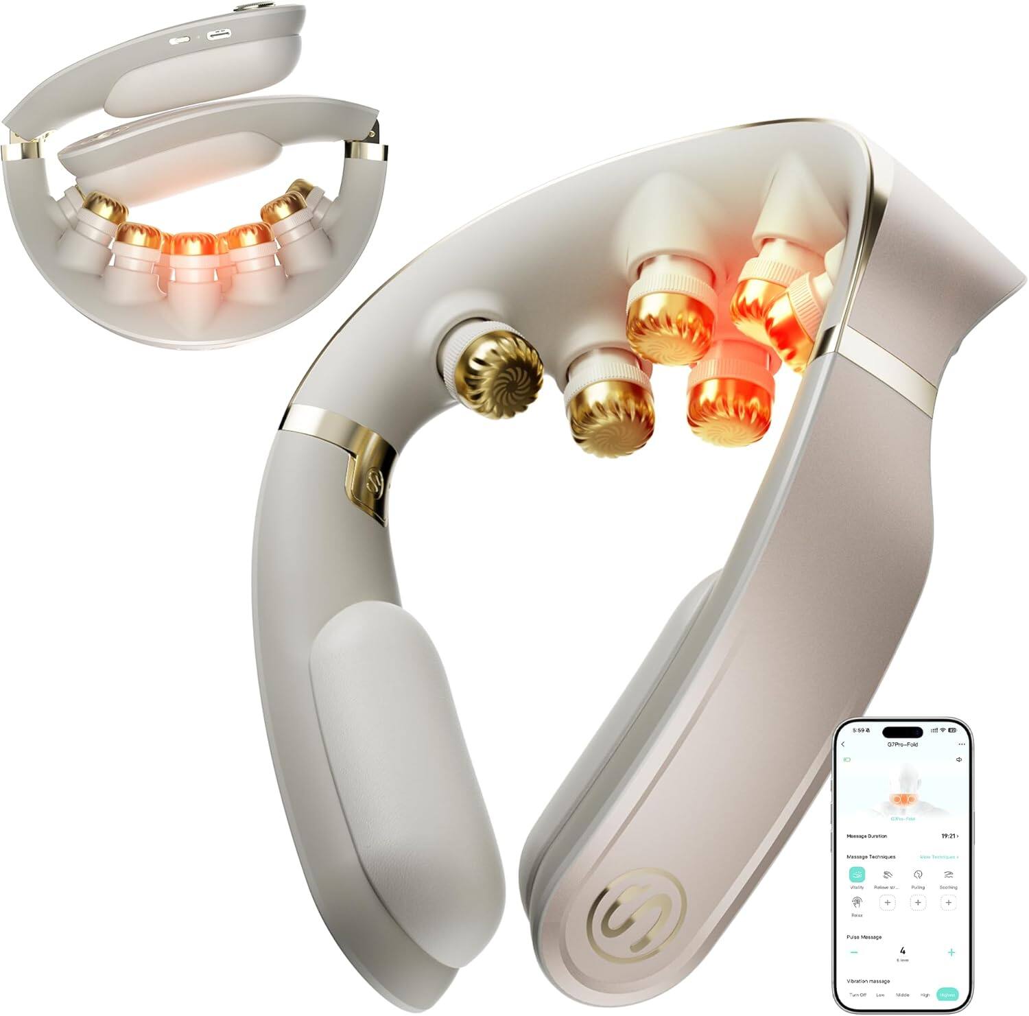 SKG - G7 Pro Fold 3.0 Neck Massager for Pain Relief Deep Tissue Vibration Cordless Travel Massager - Golden