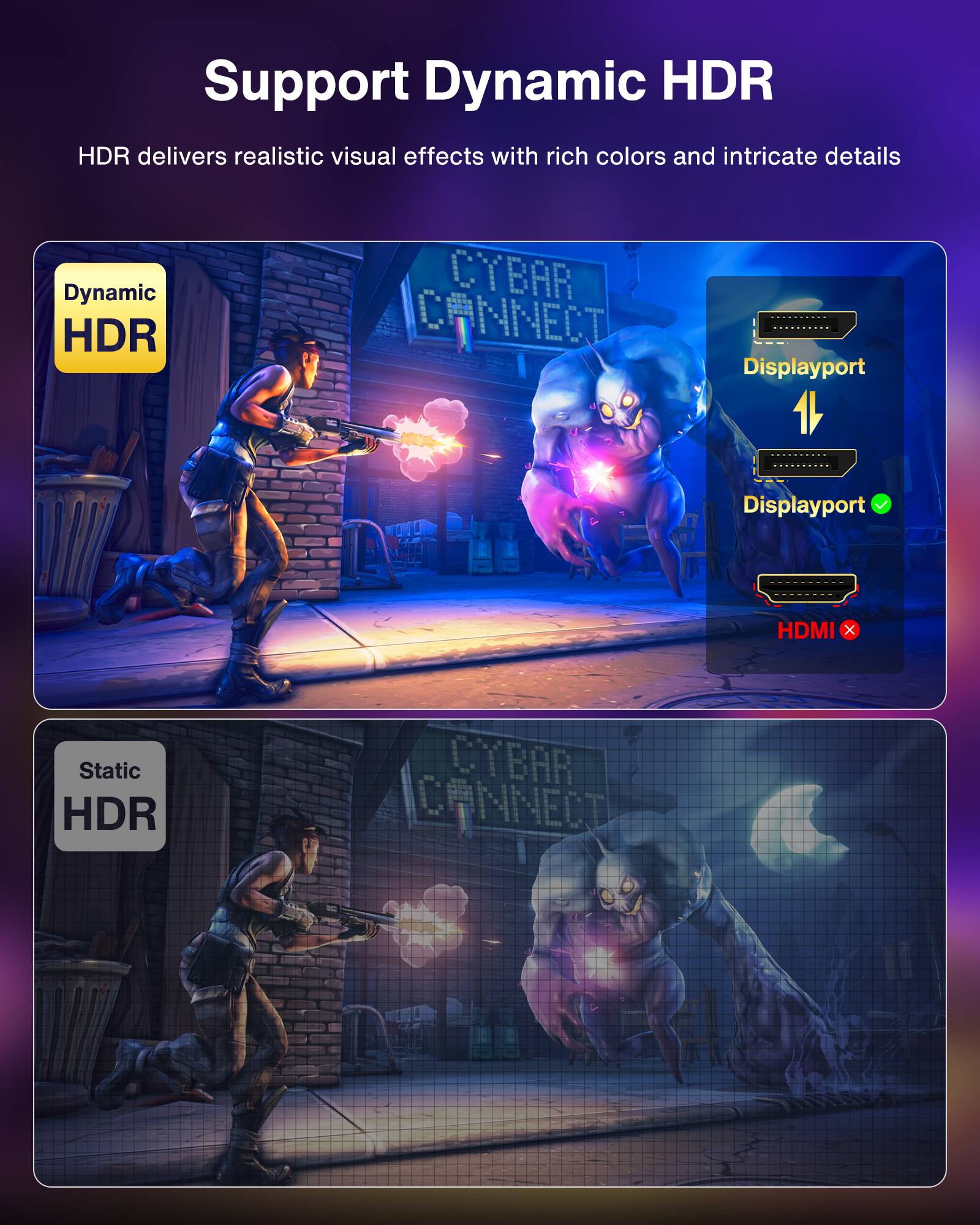 Support Dynamic HDR

HDR delivers realistic visual effects with rich colors and intricate details

Dynamic HDR

Static HDR

Displayport

Displayport

HDMI