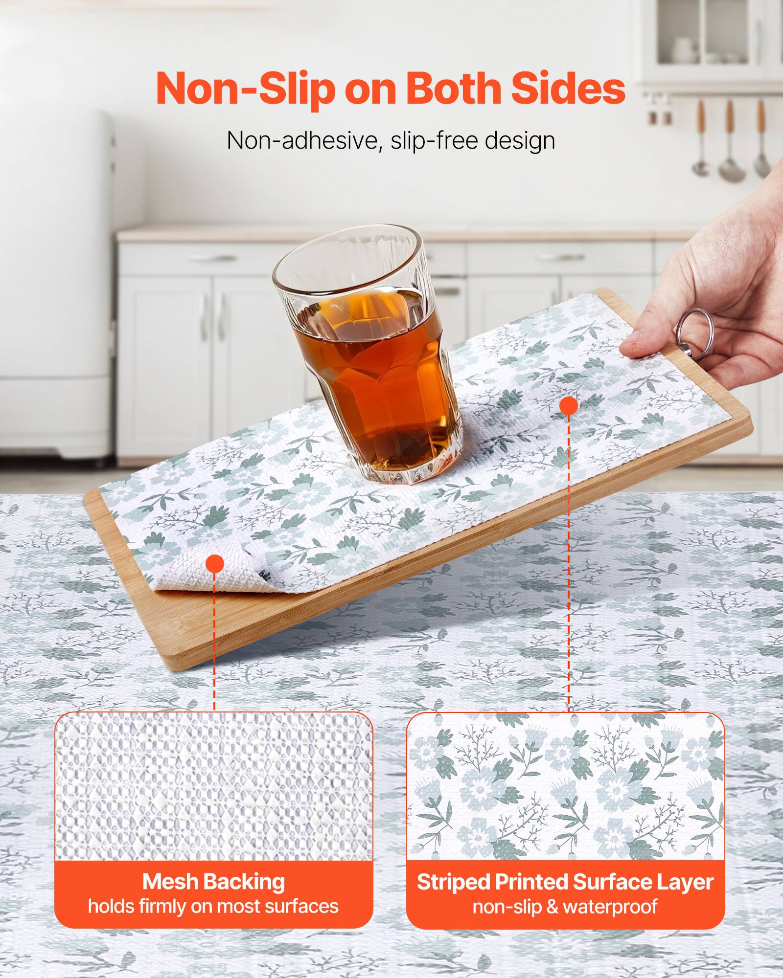 Non-Slip on Both Sides

- Non-adhesive, slip-free design
- Mesh Backing holds firmly on most surfaces
- Striped Printed Surface Layer non-slip & waterproof