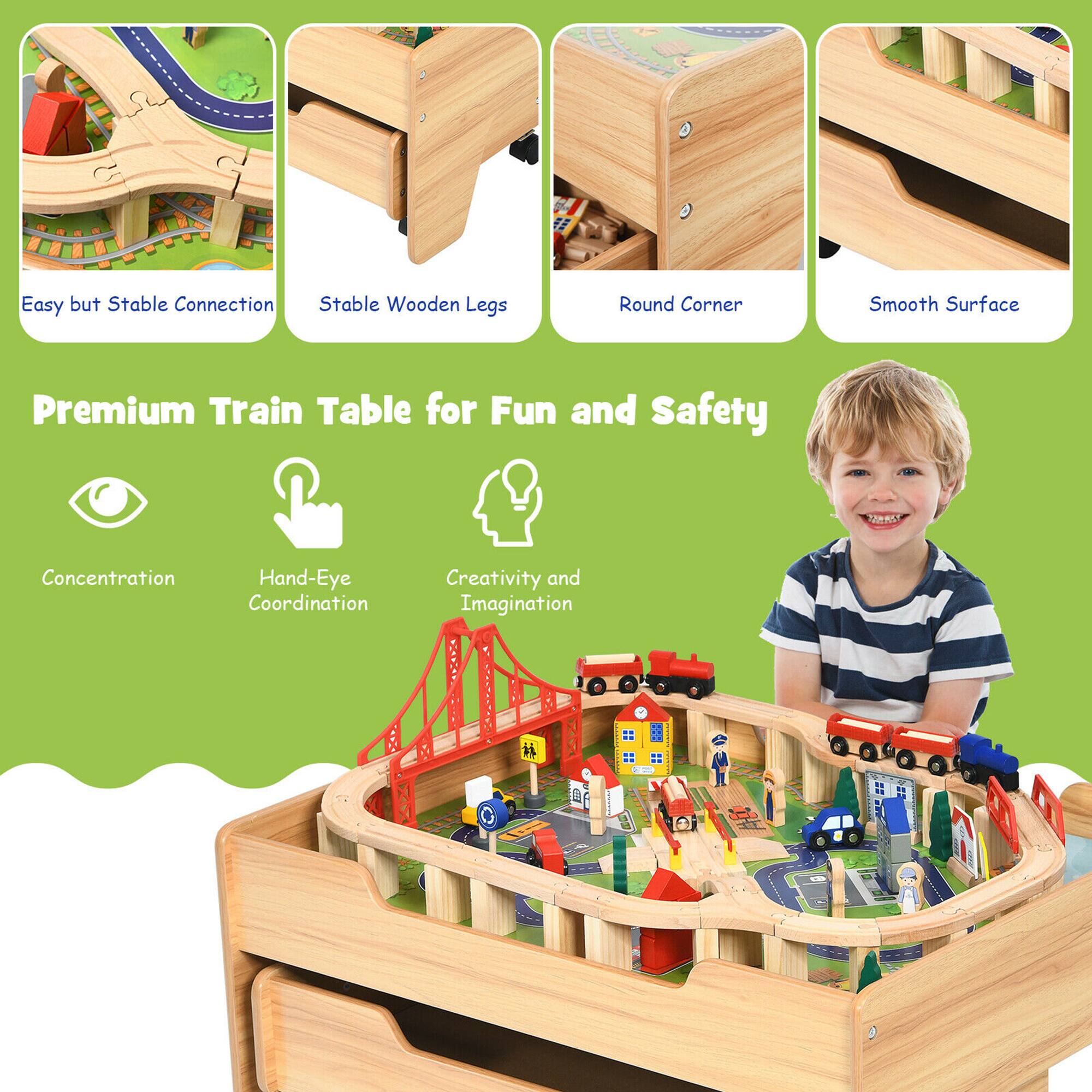 Easy but Stable Connection  
Stable Wooden Legs  
Round Corner  
Smooth Surface  

Premium Train Table for Fun and Safety  

Concentration  
Hand-Eye Coordination  
Creativity and Imagination