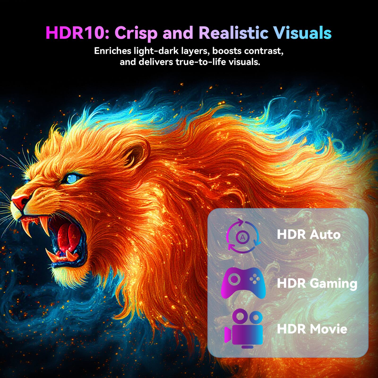 HDR10: Crisp and Realistic Visuals

Enriches light-dark layers, boosts contrast, and delivers true-to-life visuals.

HDR Auto  
HDR Gaming  
HDR Movie