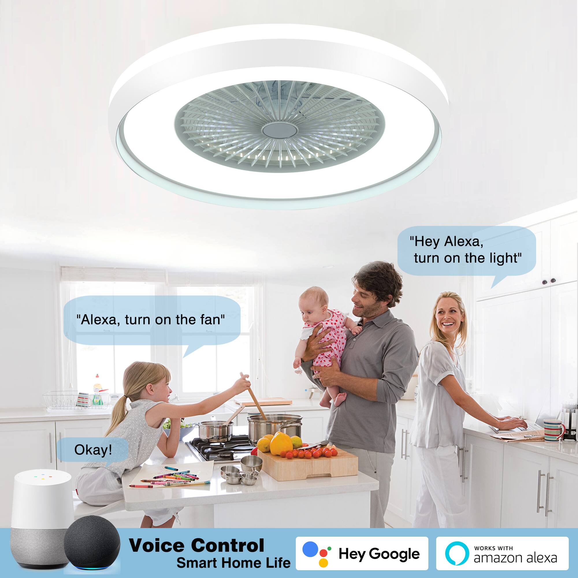 "Hey Alexa, turn on the light"

"Alexa, turn on the fan"

Okay!

Voice Control Smart Home Life

Hey Google

WORKS WITH amazon alexa