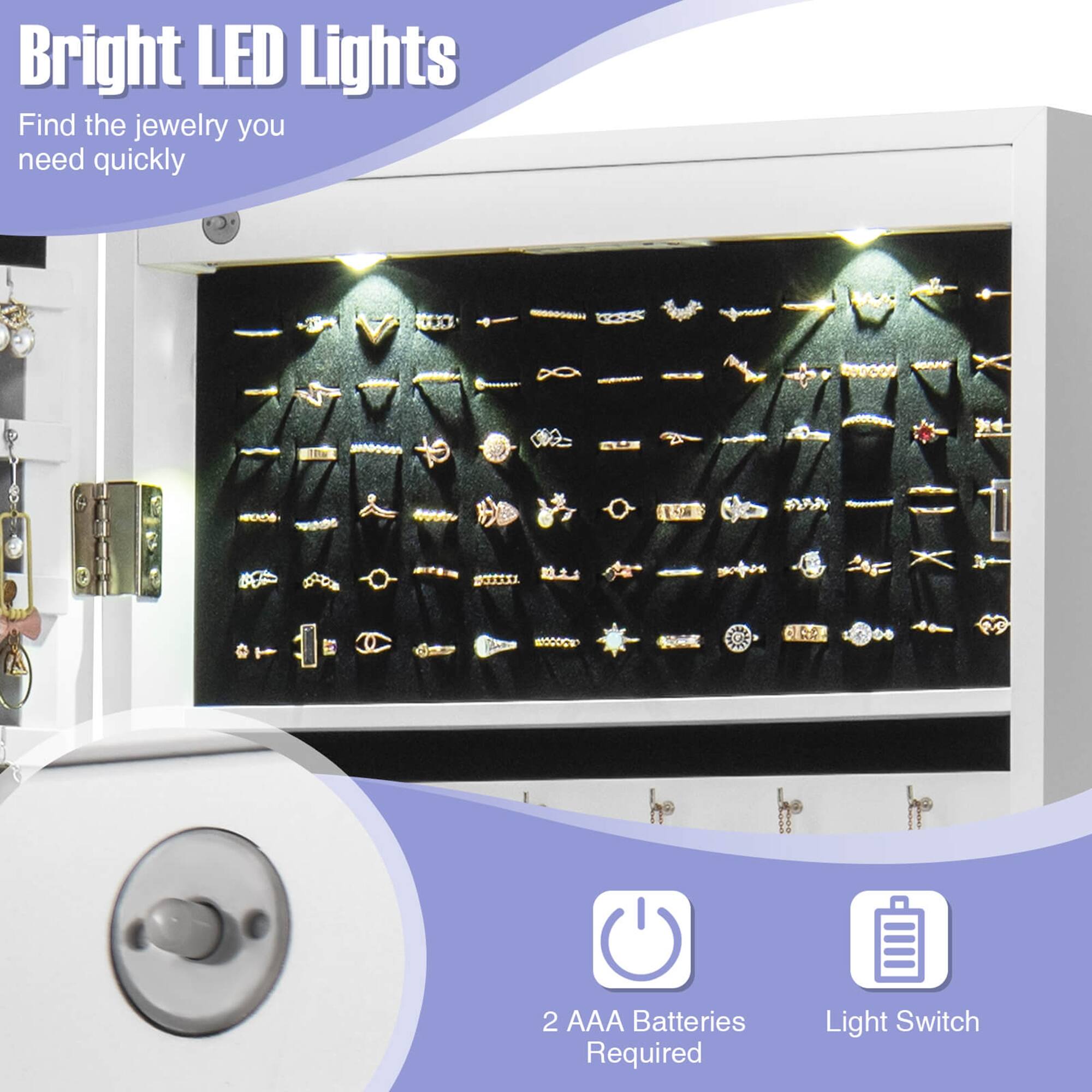 Bright LED Lights Find the jewelry you need quickly 2 AAA Batteries Required Light Switch