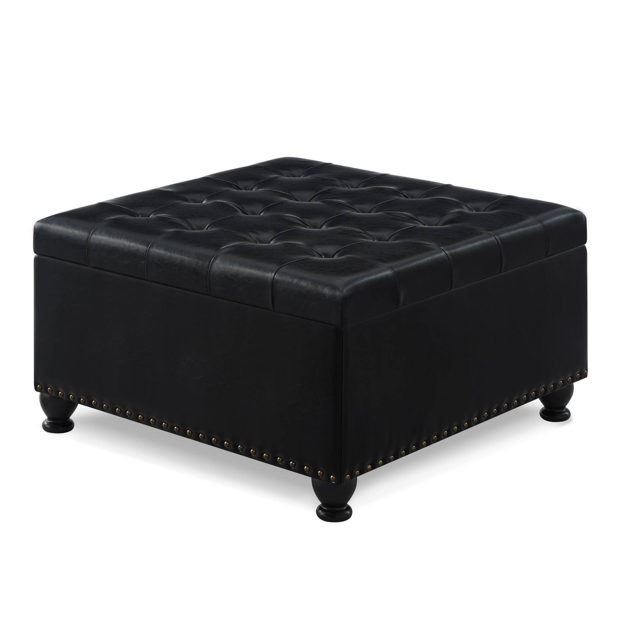 Angle. APRILSOUL - Large Square Storage Ottoman Wooden Legs Upholstered Button Tufted Coffee Table Black - Black.