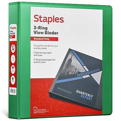 Staples  
3-Ring View Binder  
Standard Duty  

The perfect binder for your everyday needs  
2 tabs for easy open and close  
D-Rings keep pages flat and fits more pages  

QUARTERLY REPORT  

150 IIII