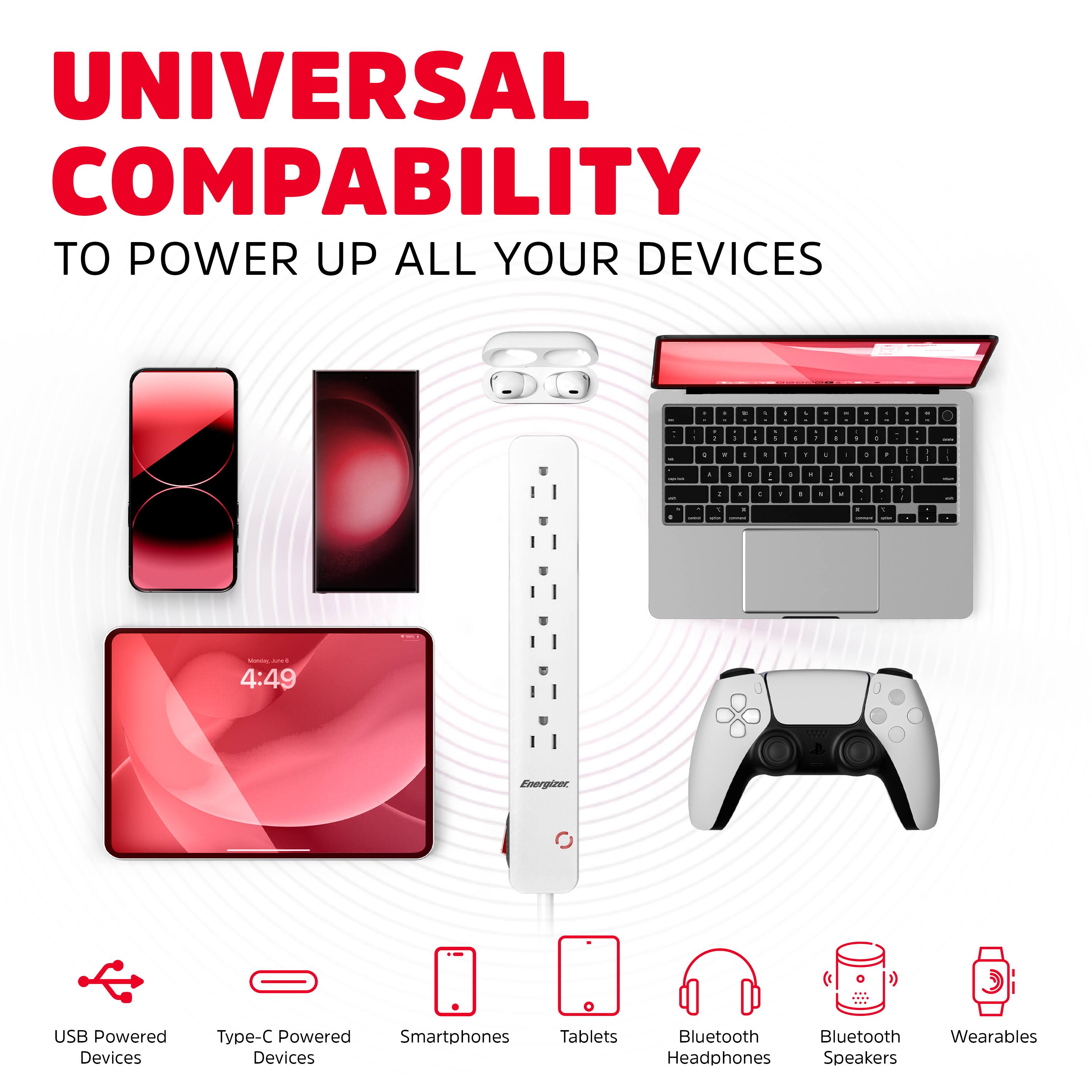 UNIVERSAL COMPATIBILITY  
TO POWER UP ALL YOUR DEVICES  

USB Powered Devices  
Type-C Powered Devices  
Smartphones  
Tablets  
Bluetooth Headphones  
Bluetooth Speakers  
Wearables